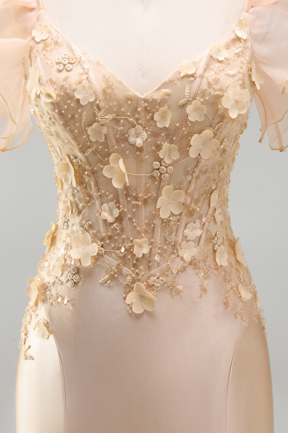 Sparkly Blush Mermaid Corset V-Neck Floral Long Prom Dress with Ruffles