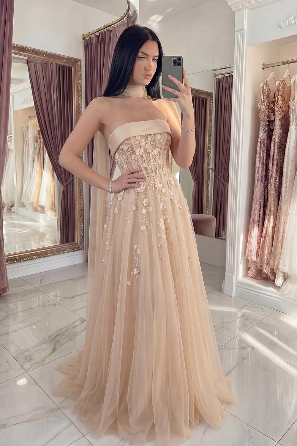 Sparkly Blush Strapless A Line Corset Floral Neck Scarf Long Prom Dress