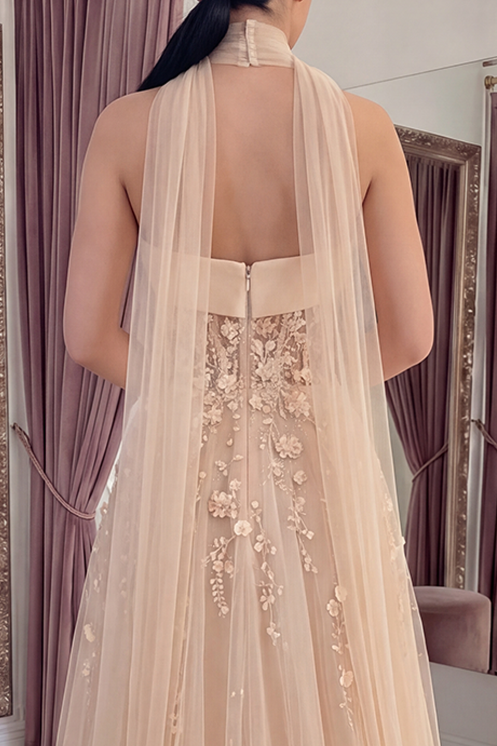 Sparkly Blush Strapless A Line Corset Floral Neck Scarf Long Prom Dress