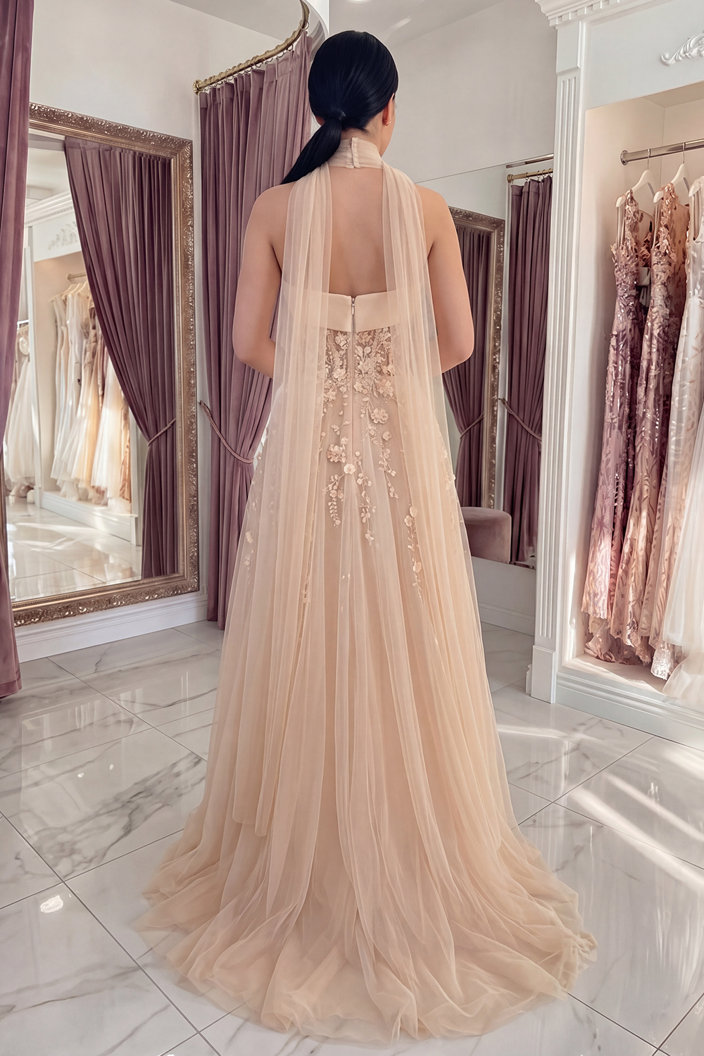 Sparkly Blush Strapless A Line Corset Floral Neck Scarf Long Prom Dress