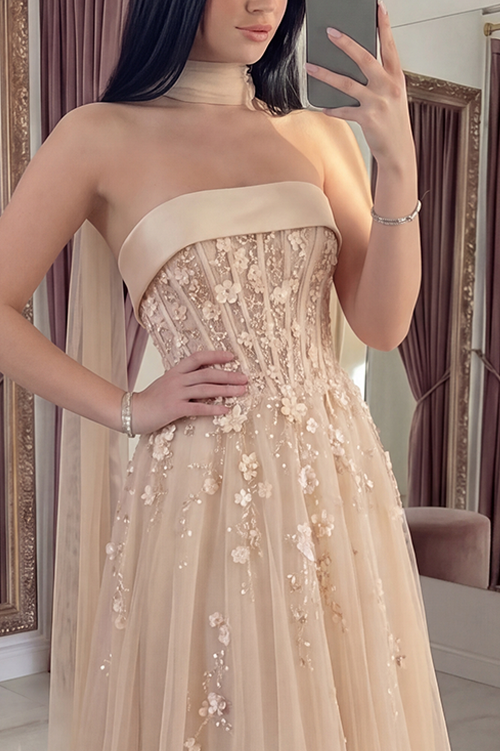 Sparkly Blush Strapless A Line Corset Floral Neck Scarf Long Prom Dress