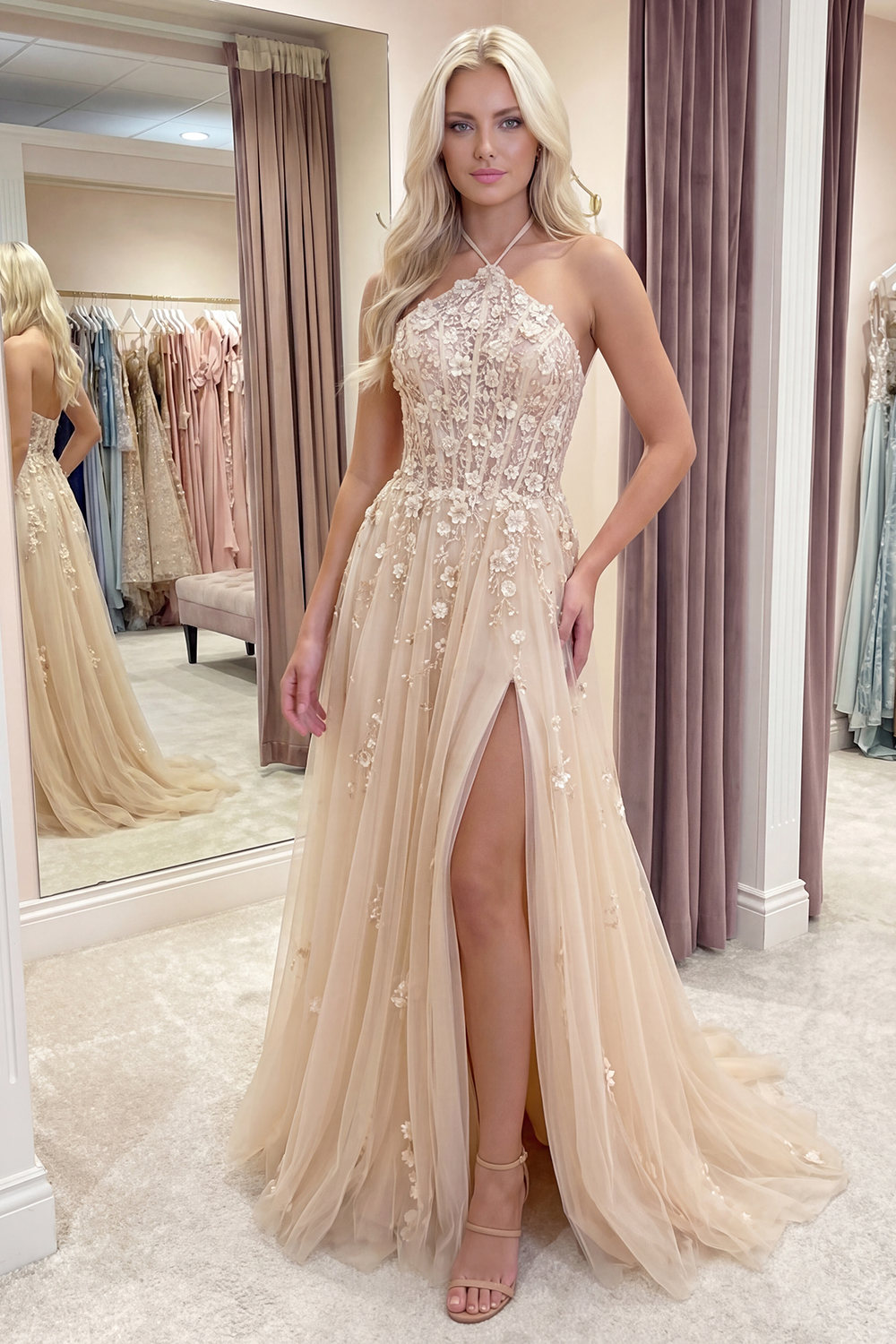 Blush A Line Corset Floral Halter Long Prom Dress with Slit