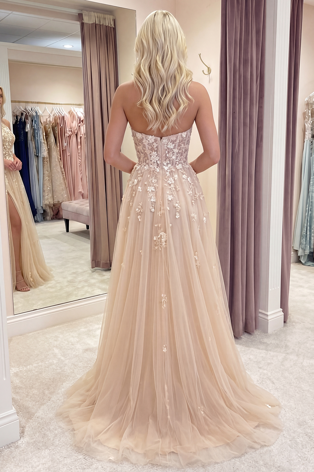 Blush A Line Corset Floral Halter Long Prom Dress with Slit