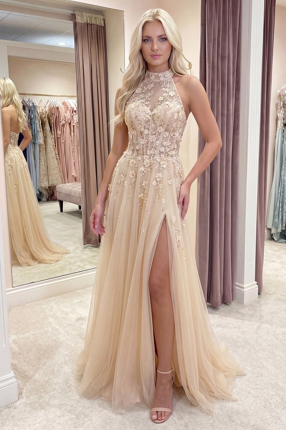 Blush High Neck Floral A Line Corset Long Prom Dress with Slit