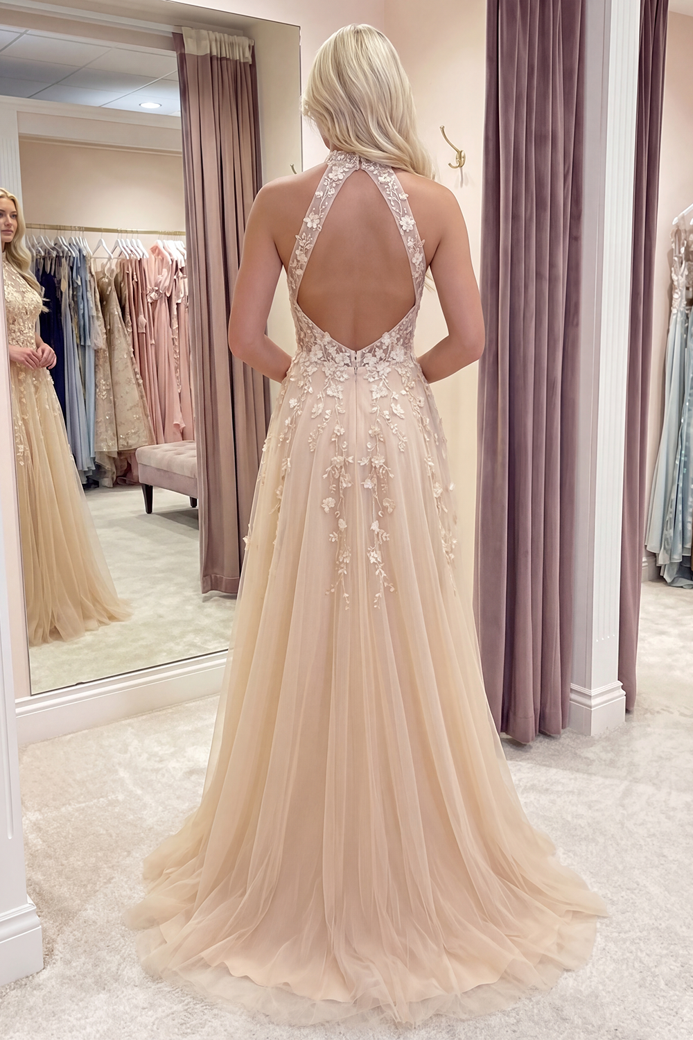 Blush High Neck Floral A Line Corset Long Prom Dress with Slit