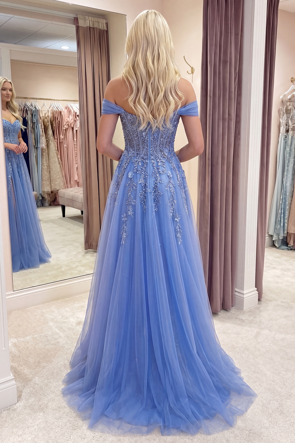 Sparkly Blue A Line Tulle Corset Floral Beaded Long Prom Dress with Slit