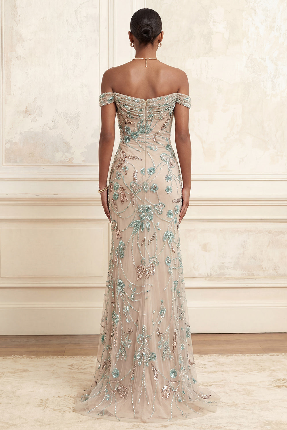 Long Floral Sparkly Champagne Beaded Off the Shoulder Prom Dress