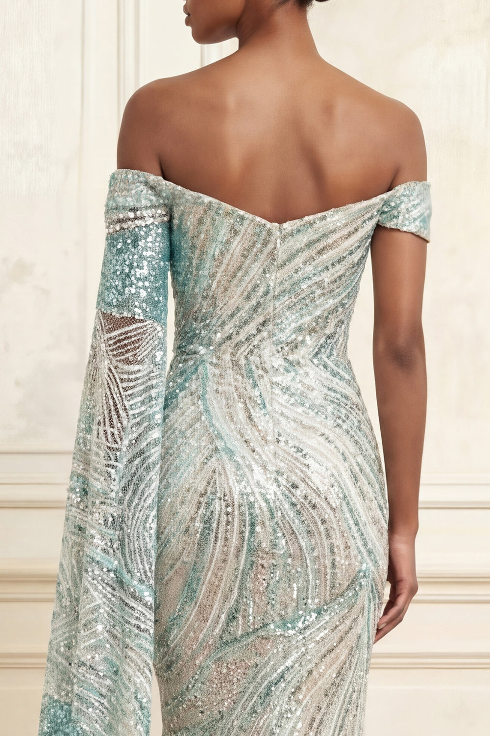 Off the Shoulder Sparkly Blue Mermaid Beaded Long Prom Dress with Side Cape