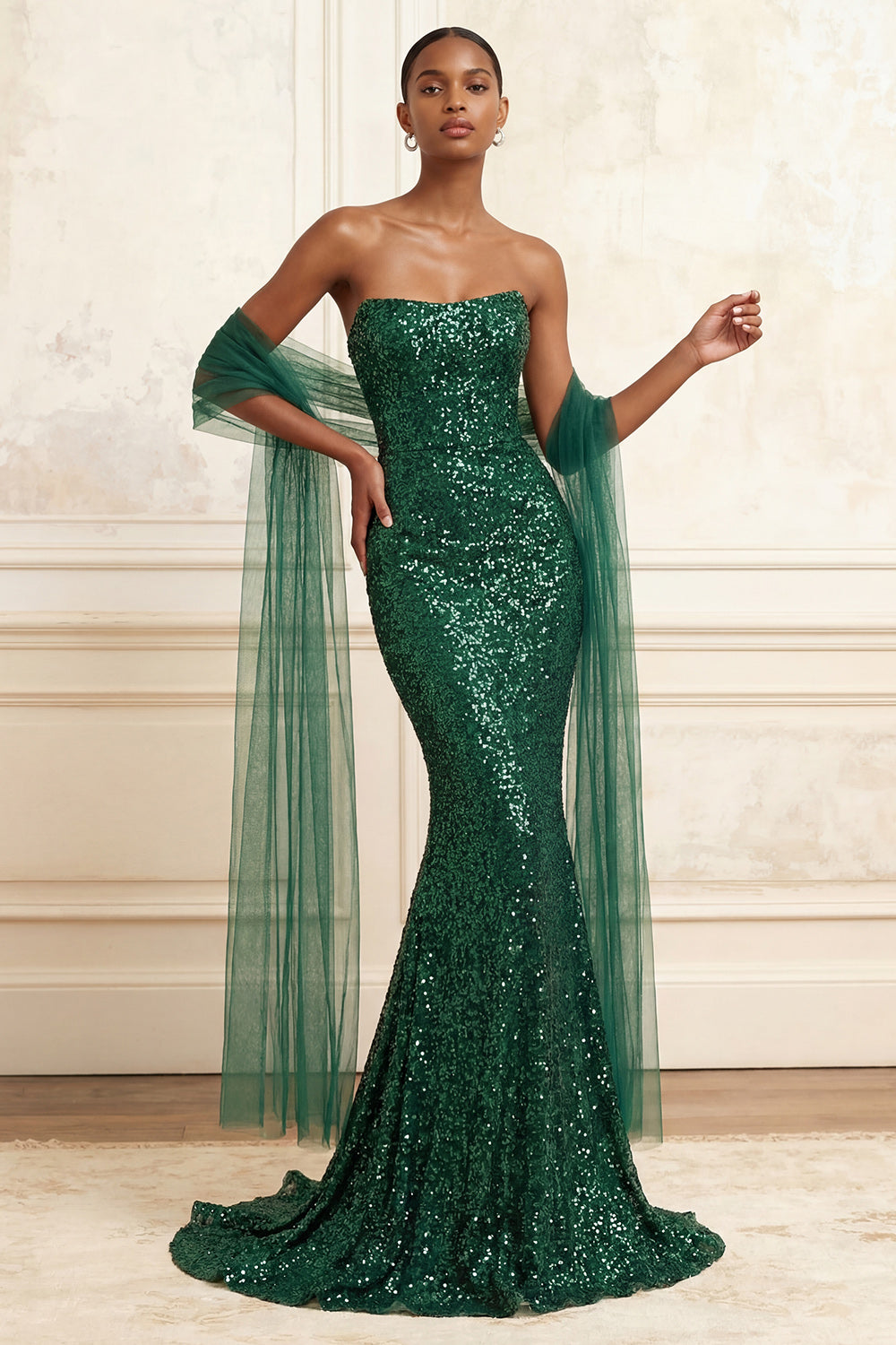 Sparkly Dark Green Strapless Mermaid Sequin Long Prom Dress with Shawl