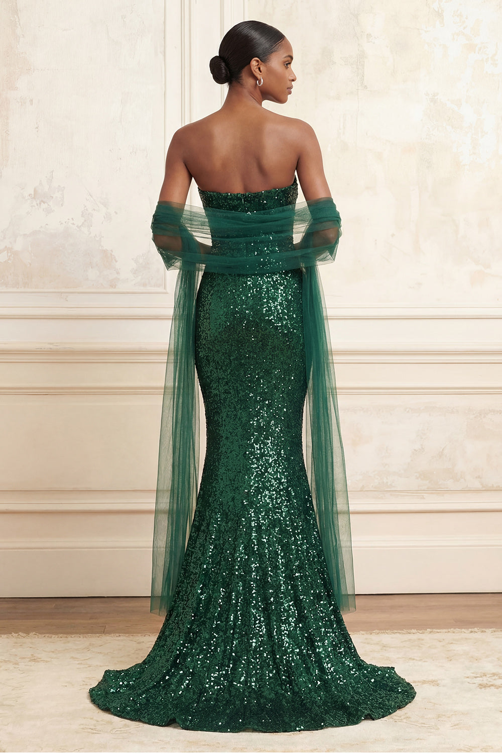 Sparkly Dark Green Strapless Mermaid Sequin Long Prom Dress with Shawl