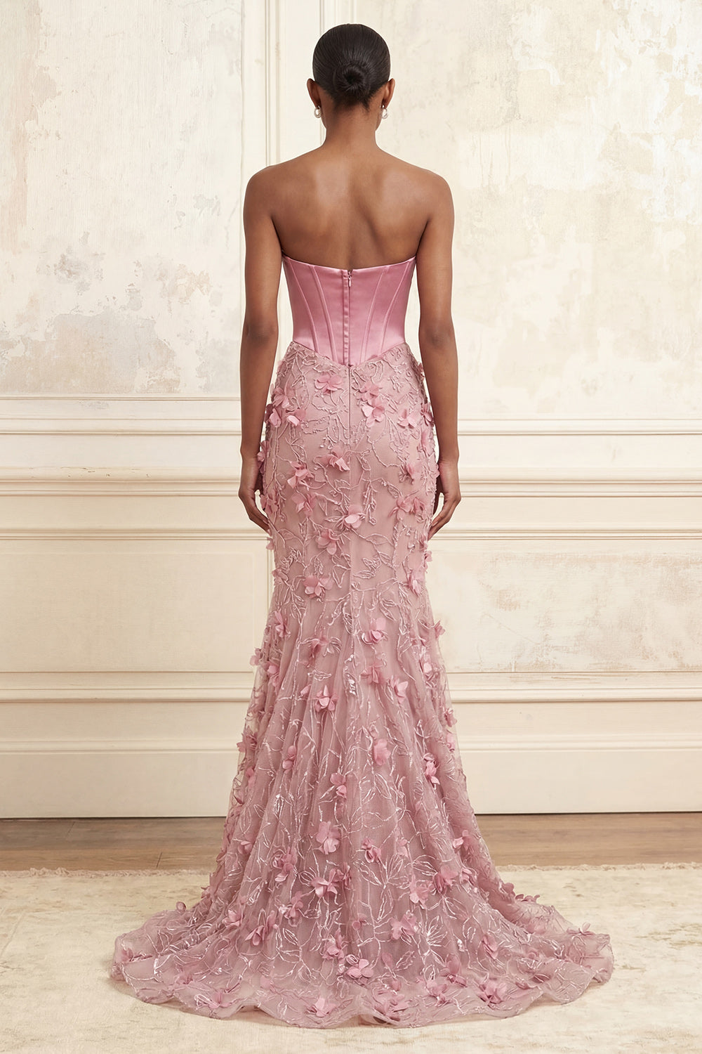 Floral Corset Basque Waist Pink Long Strapless Mermaid Prom Dress