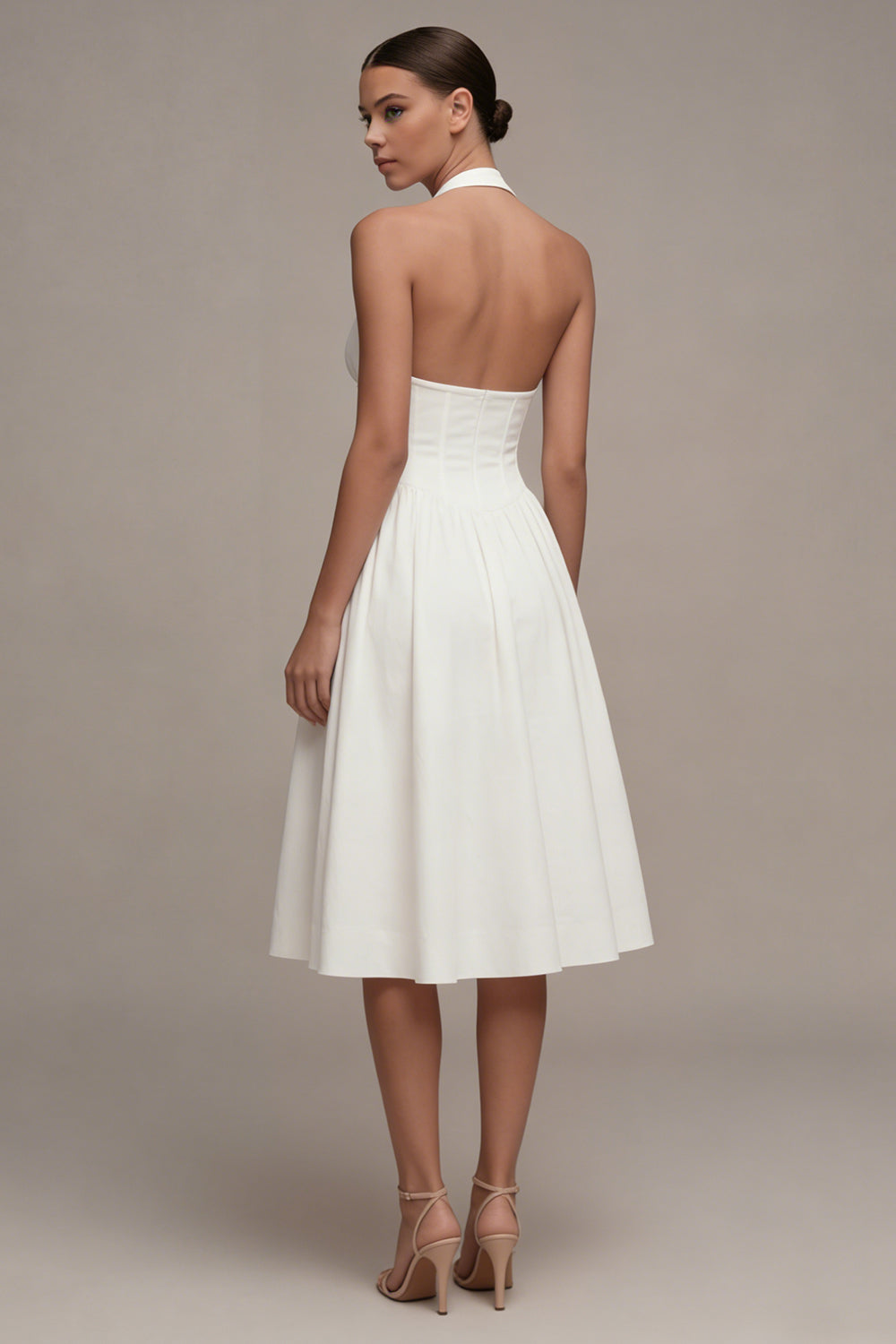A Line Halter Midi Corset White Graduation Dress