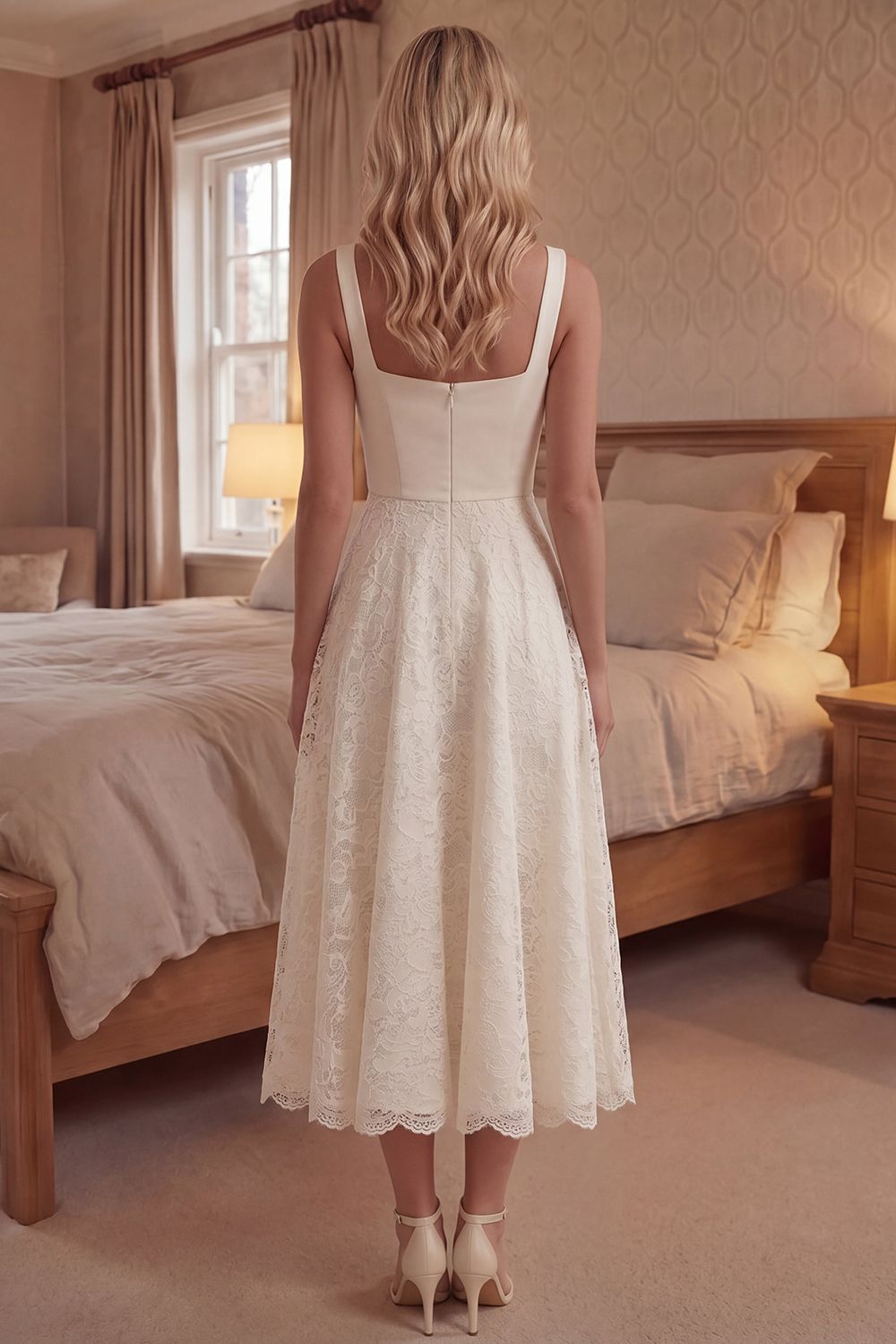 Square Neck Ivory Floral A Line Long Boho Lace Graduation Dress