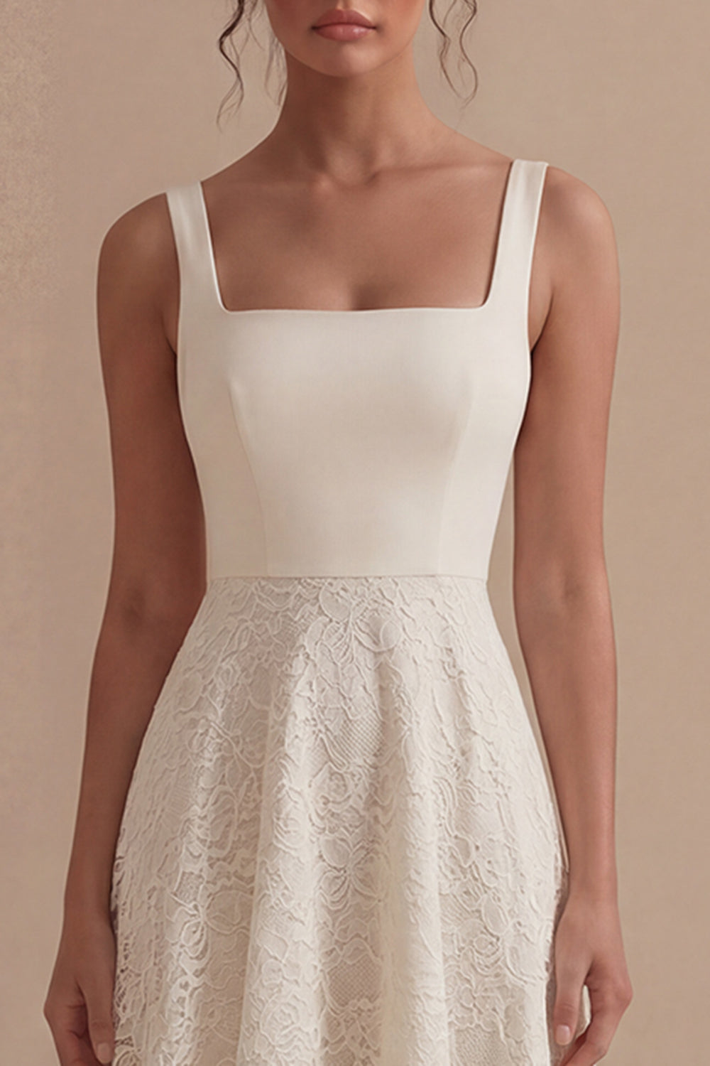 Square Neck Ivory Floral A Line Long Boho Lace Graduation Dress