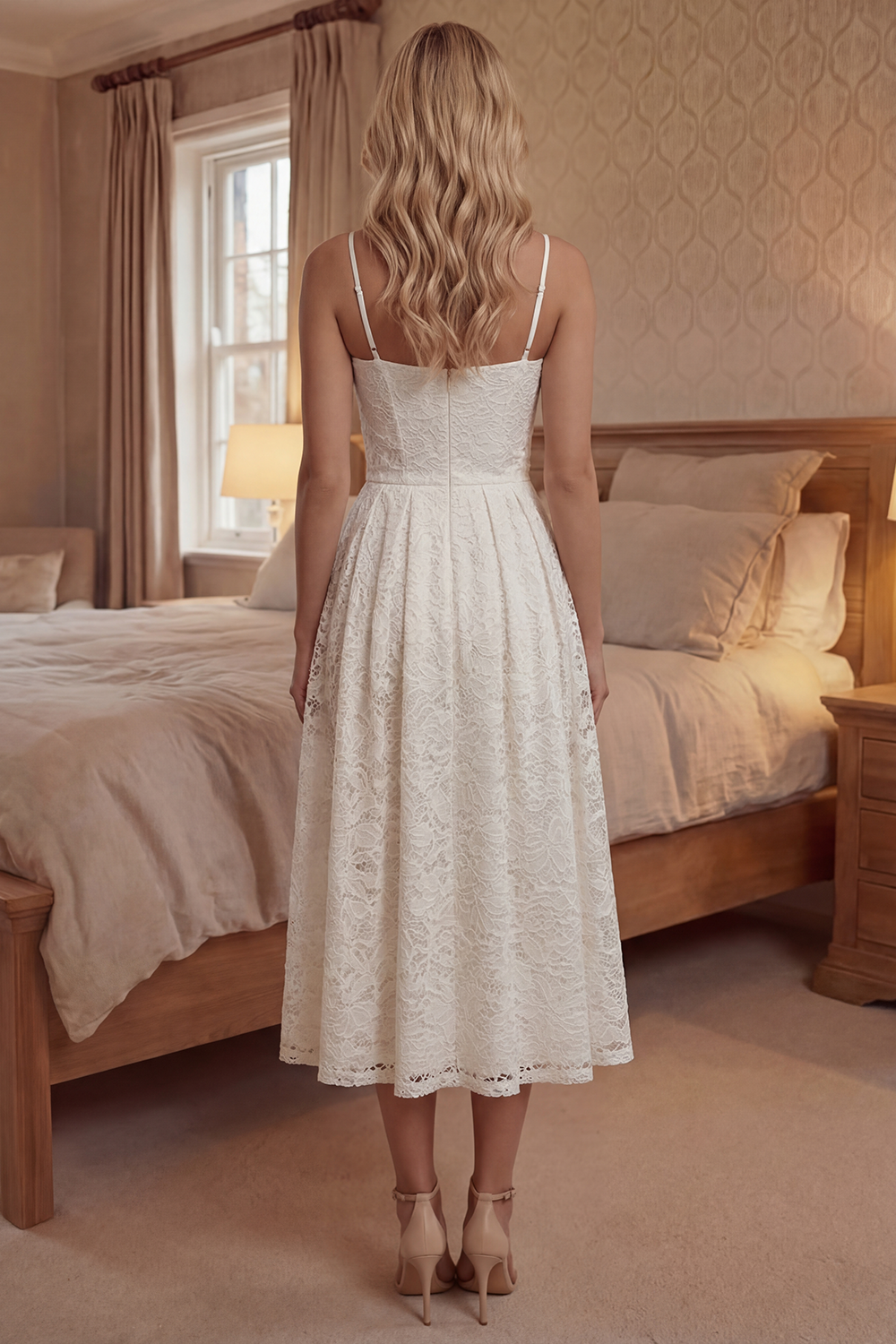 Spaghetti Straps White Corset Long A Line Boho Lace Graduation Dress