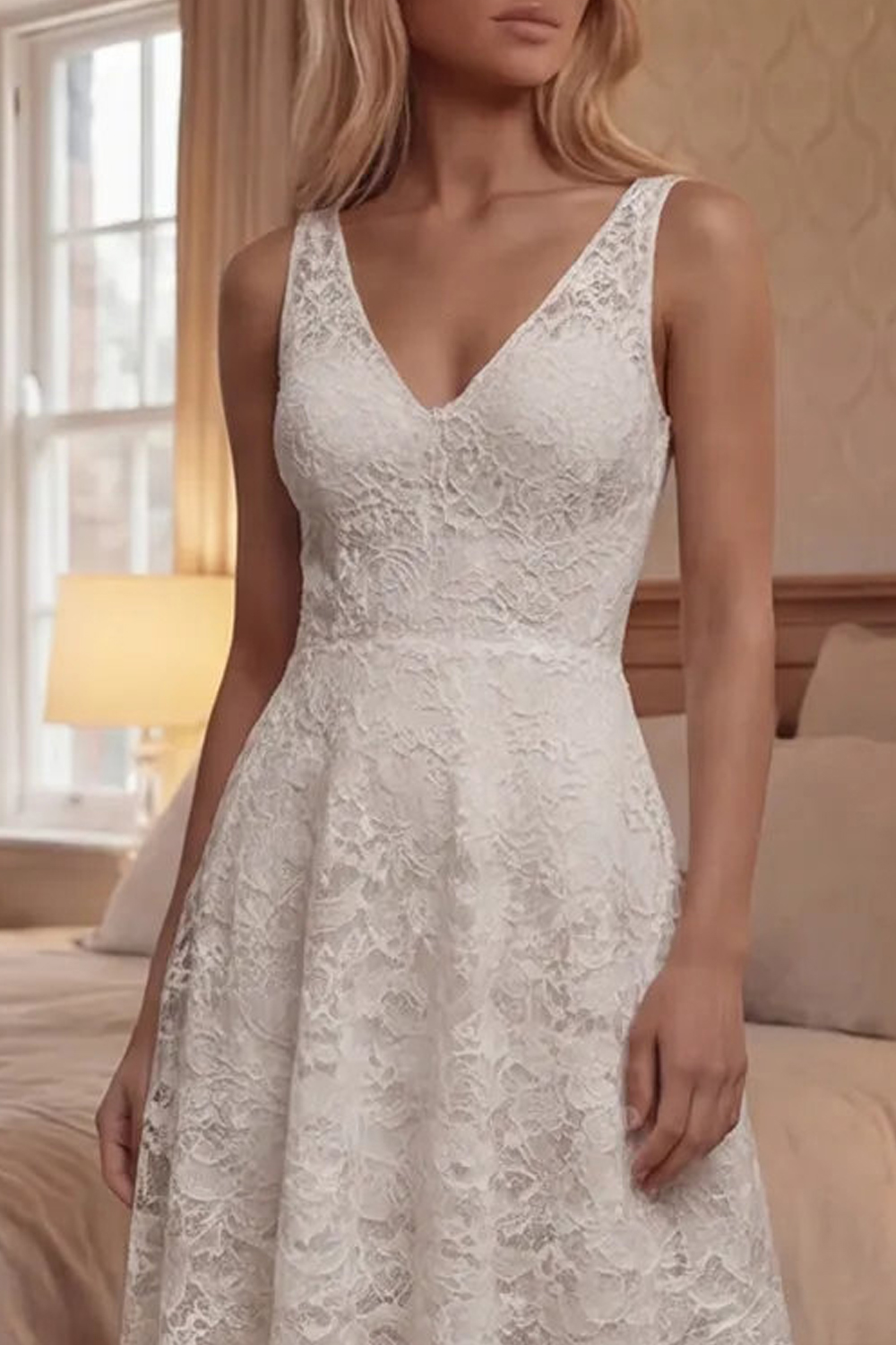 Ivory Floral V-Neck A Line Long Boho Lace Graduation Dress