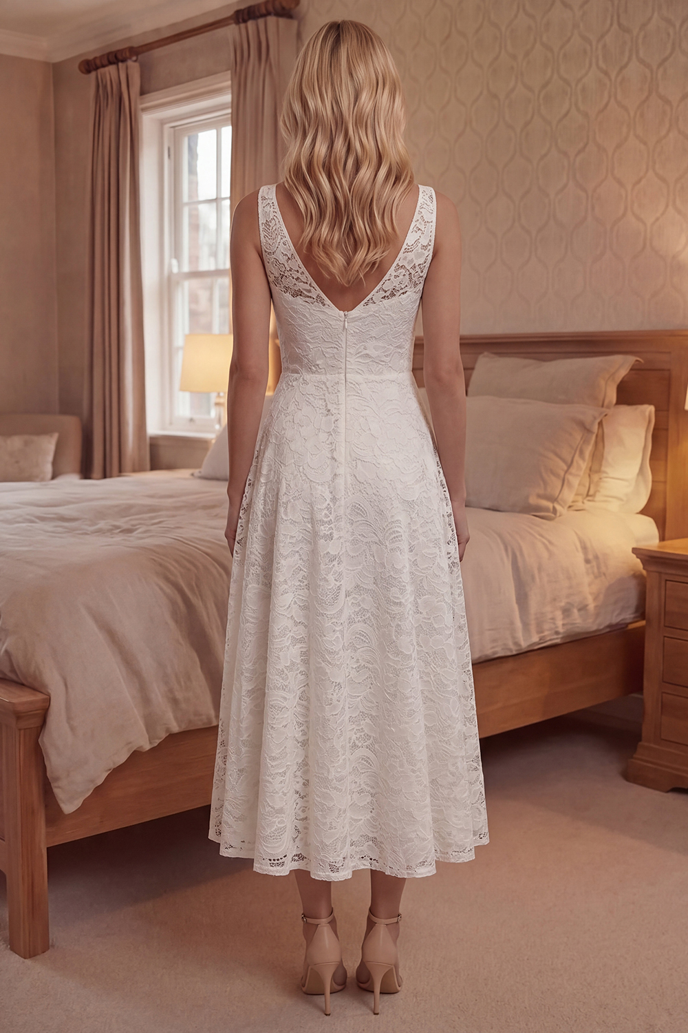 Ivory Floral V-Neck A Line Long Boho Lace Graduation Dress