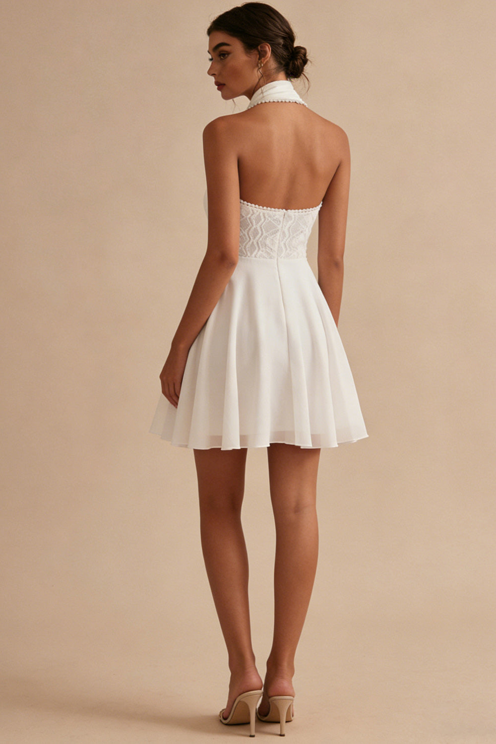 A Line Short Halter Neck Backless White Graduation Dress with Lace