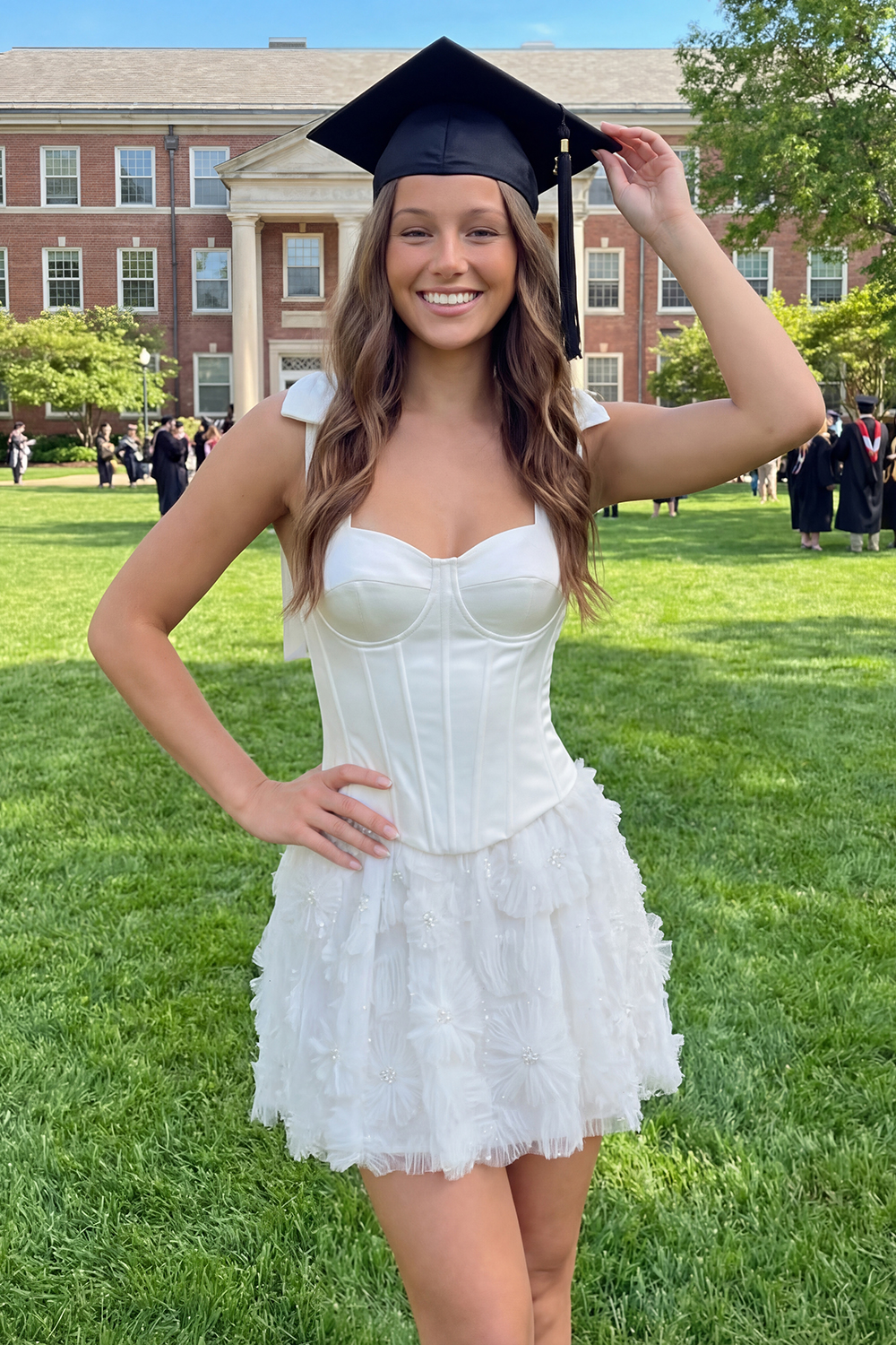 Beaded A Line Floral Short White Corset Graduation Dress with Bow