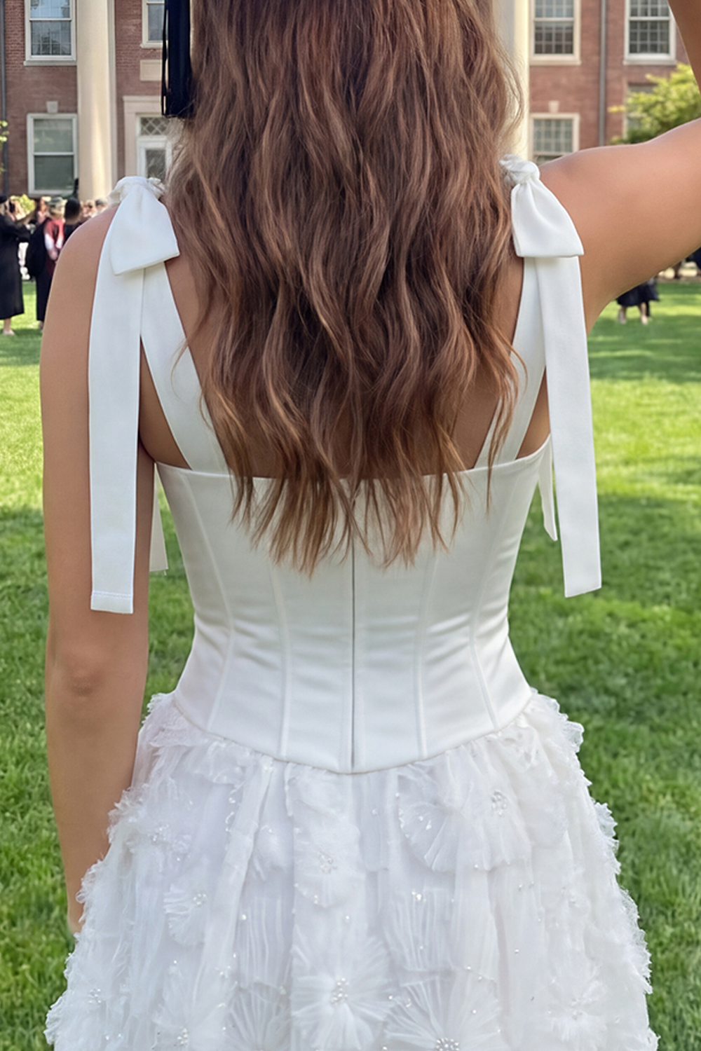 Beaded A Line Floral Short White Corset Graduation Dress with Bow