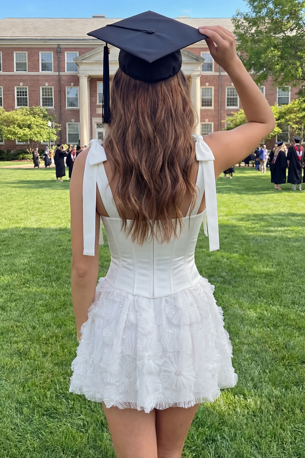 Beaded A Line Floral Short White Corset Graduation Dress with Bow