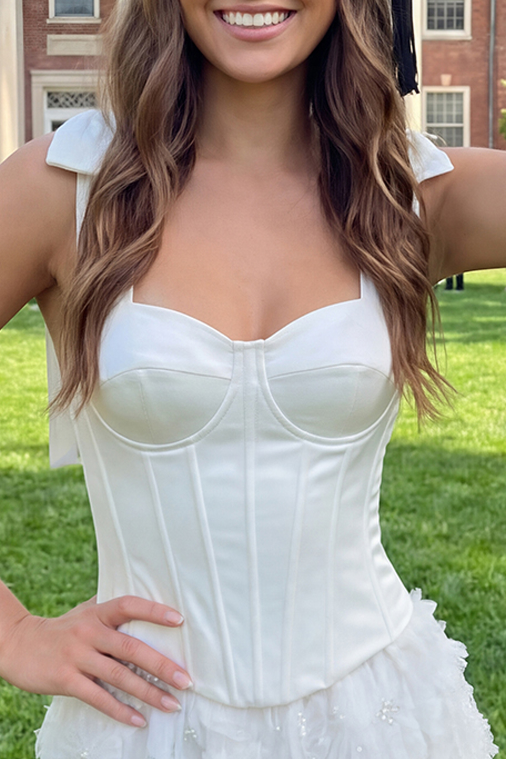 Beaded A Line Floral Short White Corset Graduation Dress with Bow