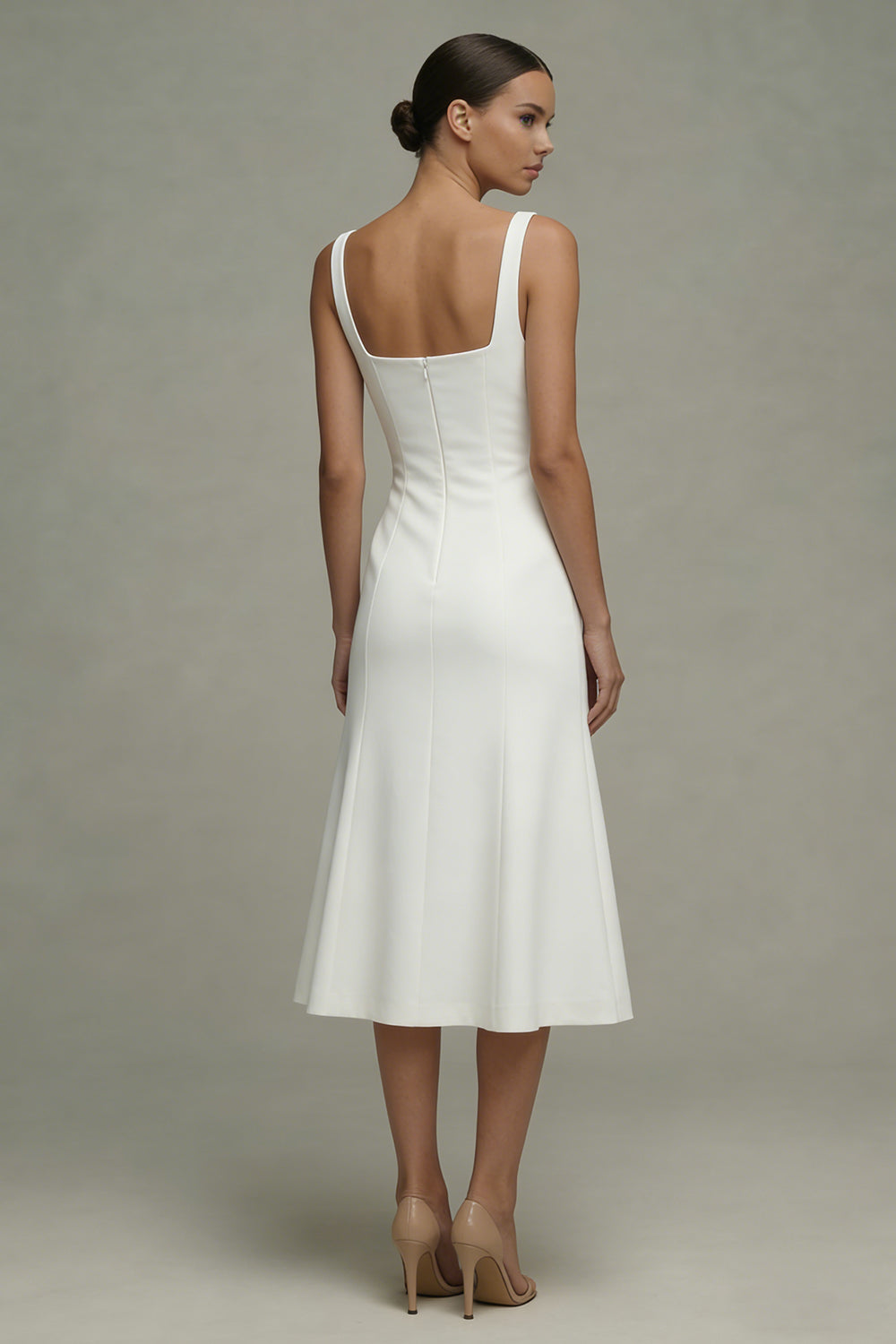 White Square Neck Midi A Line Beach Graduation Dress