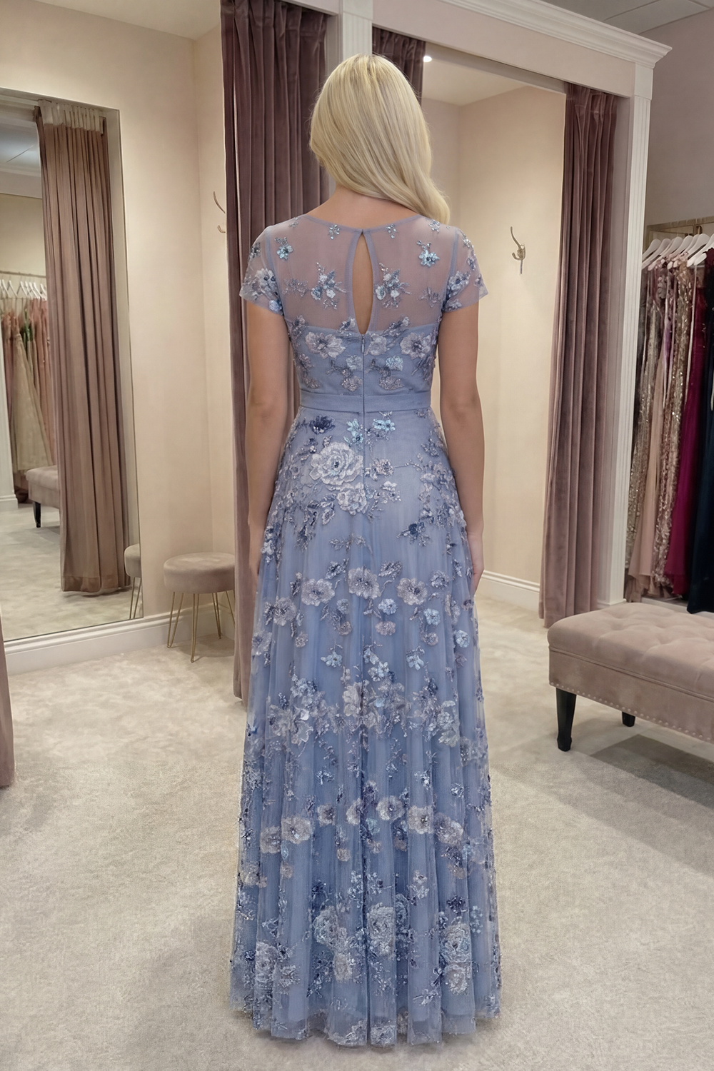 Sparkly Dusty Blue A Line Beaded Long Floral Prom Dress