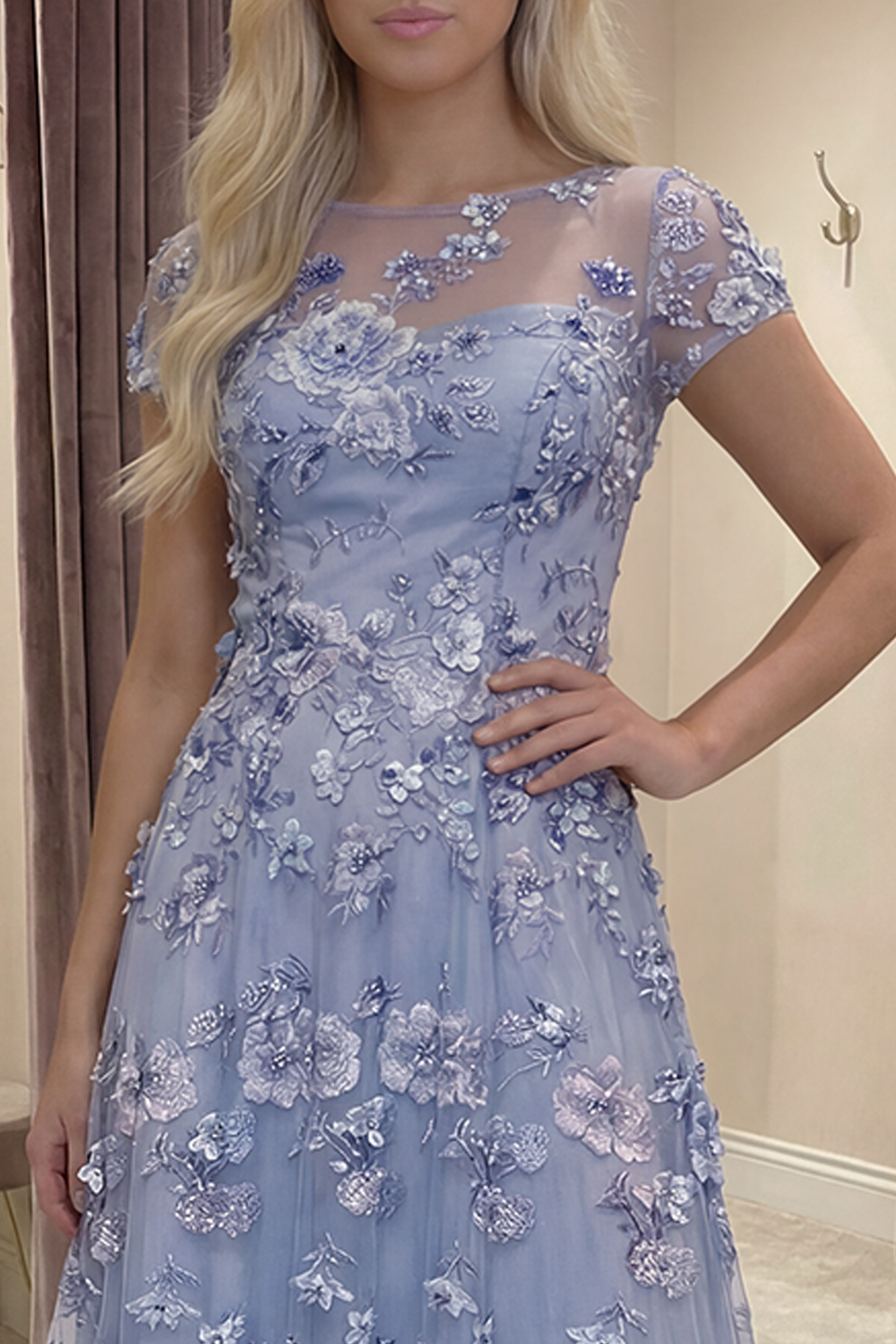 Sparkly Dusty Blue A Line Beaded Long Floral Prom Dress