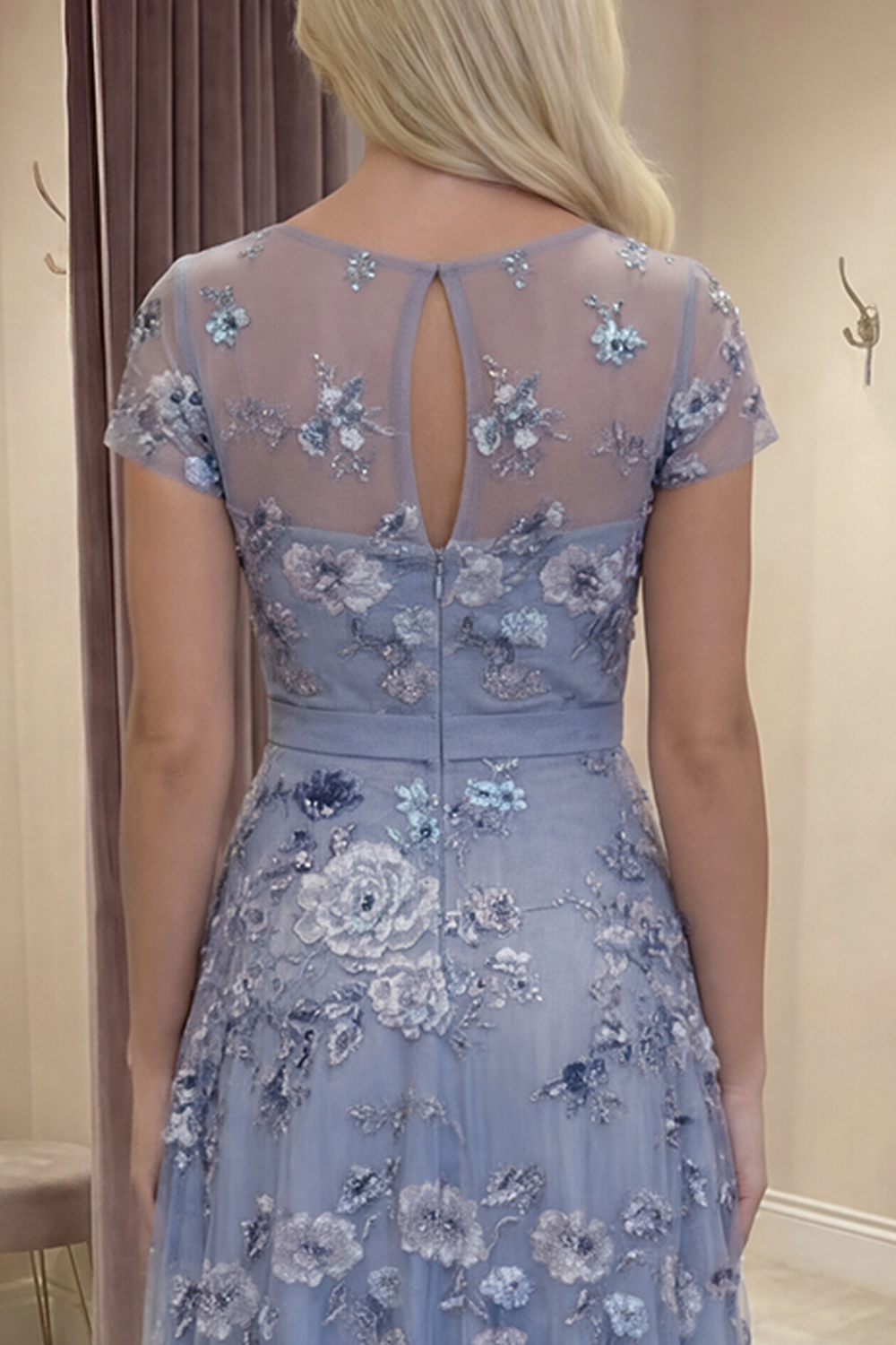 Sparkly Dusty Blue A Line Beaded Long Floral Prom Dress