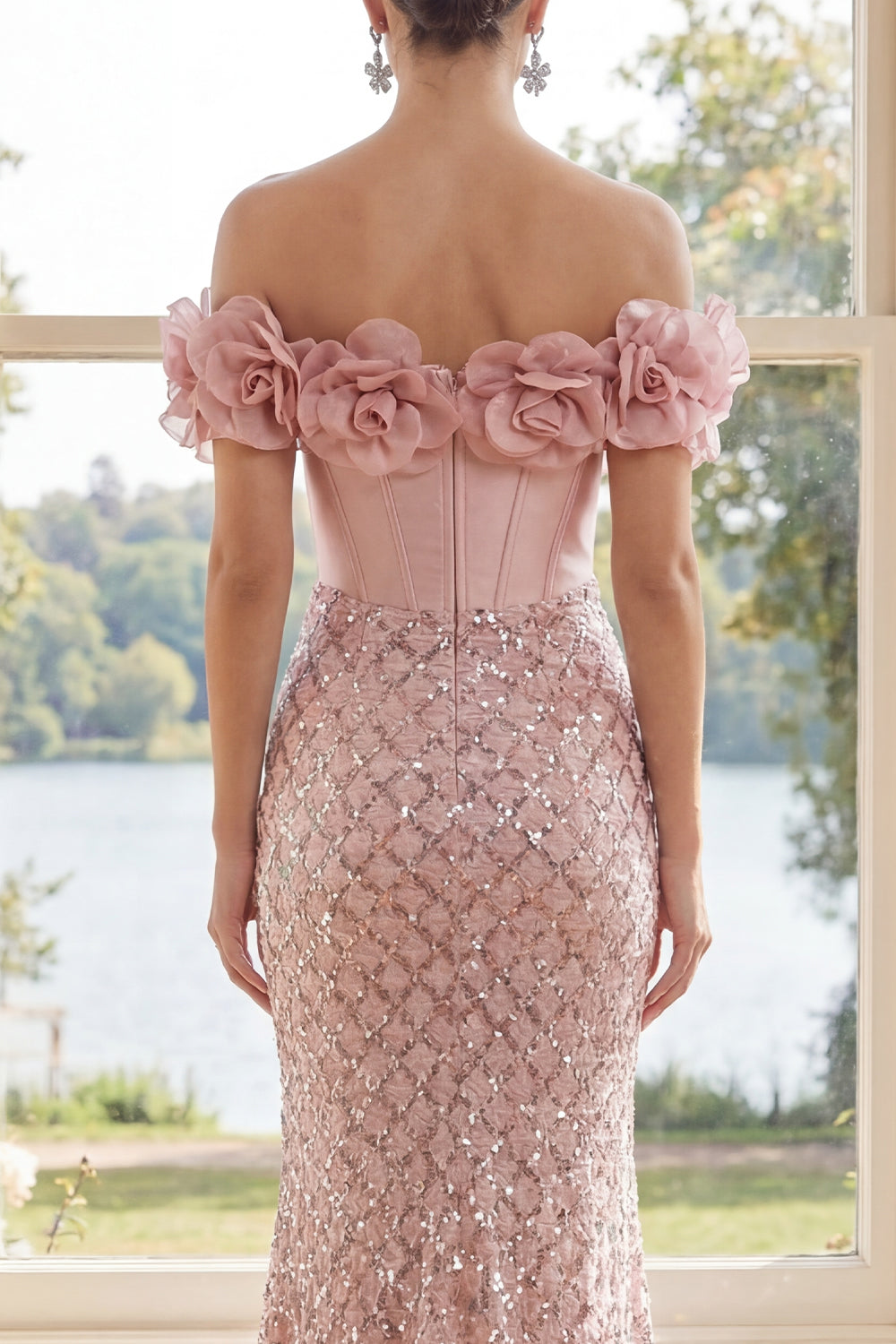 Sparkly Blush Long Mermaid Corset Sequin Gala Dress with 3D Flowers