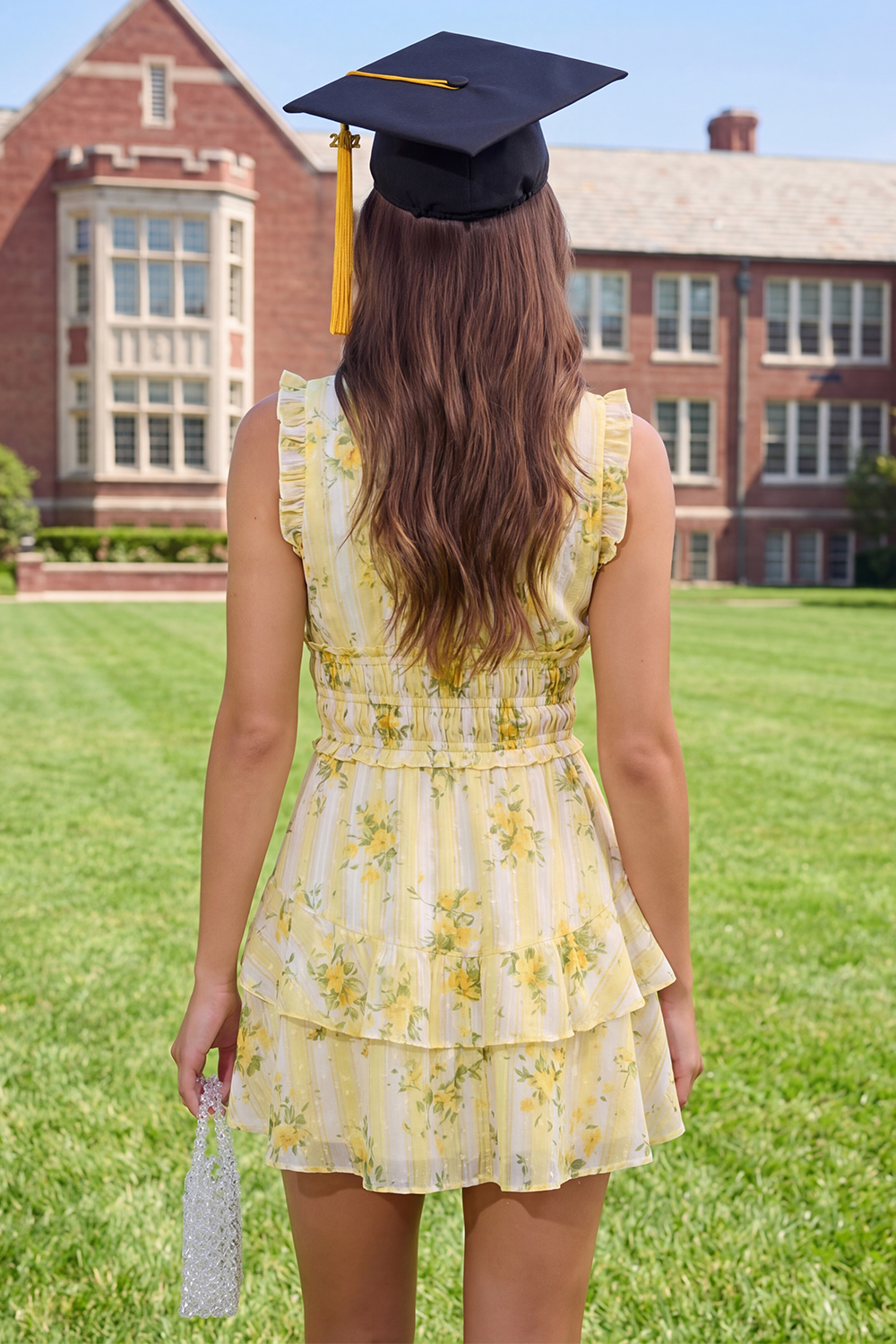 Butter Yellow V-Neck A Line Floral Short Graduation Dress with Ruffles