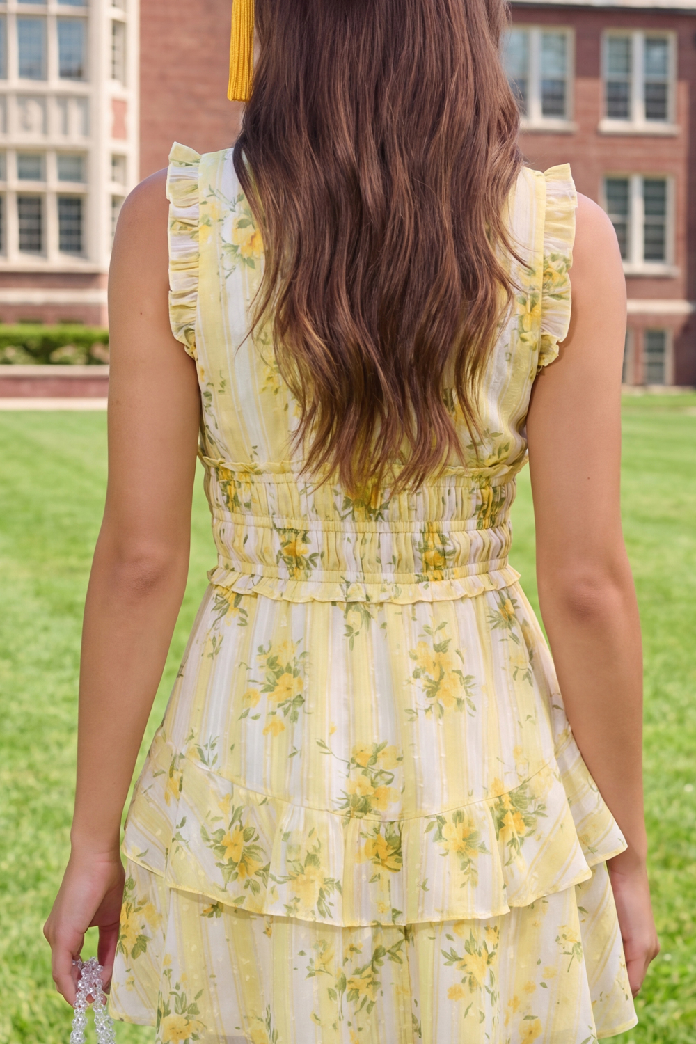 Butter Yellow V-Neck A Line Floral Short Graduation Dress with Ruffles