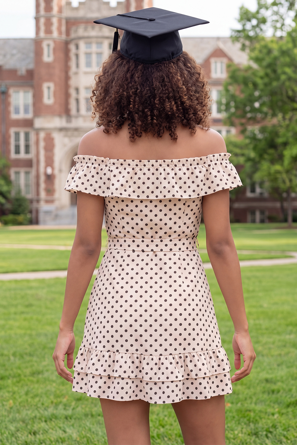Black and White Polka Dots Off the Shoulder Ruffled A Line Short Graduation Dress with Belt