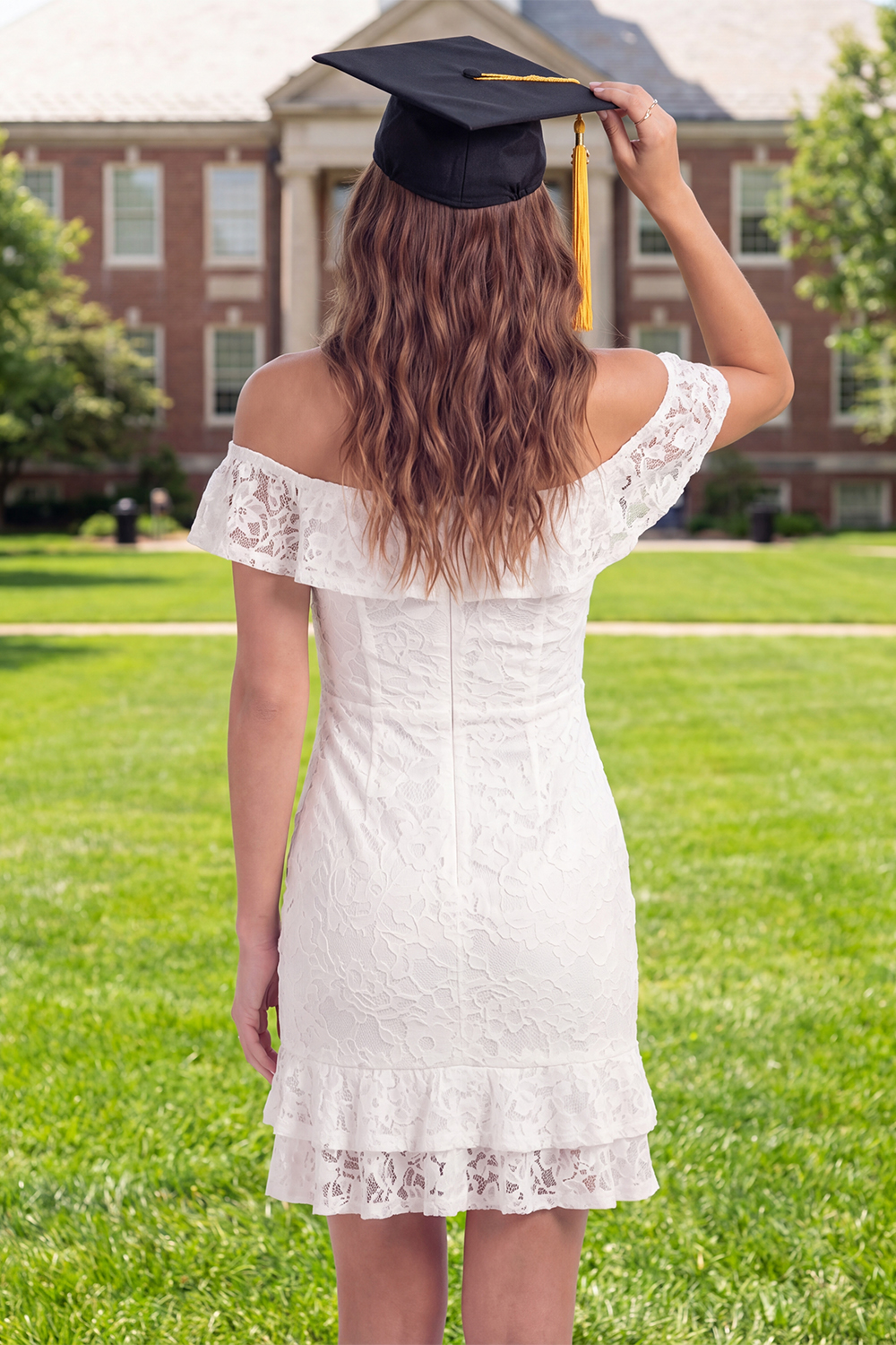 White Lace Off the Shoulder Floral Ruched Short Graduation Dress with Ruffles
