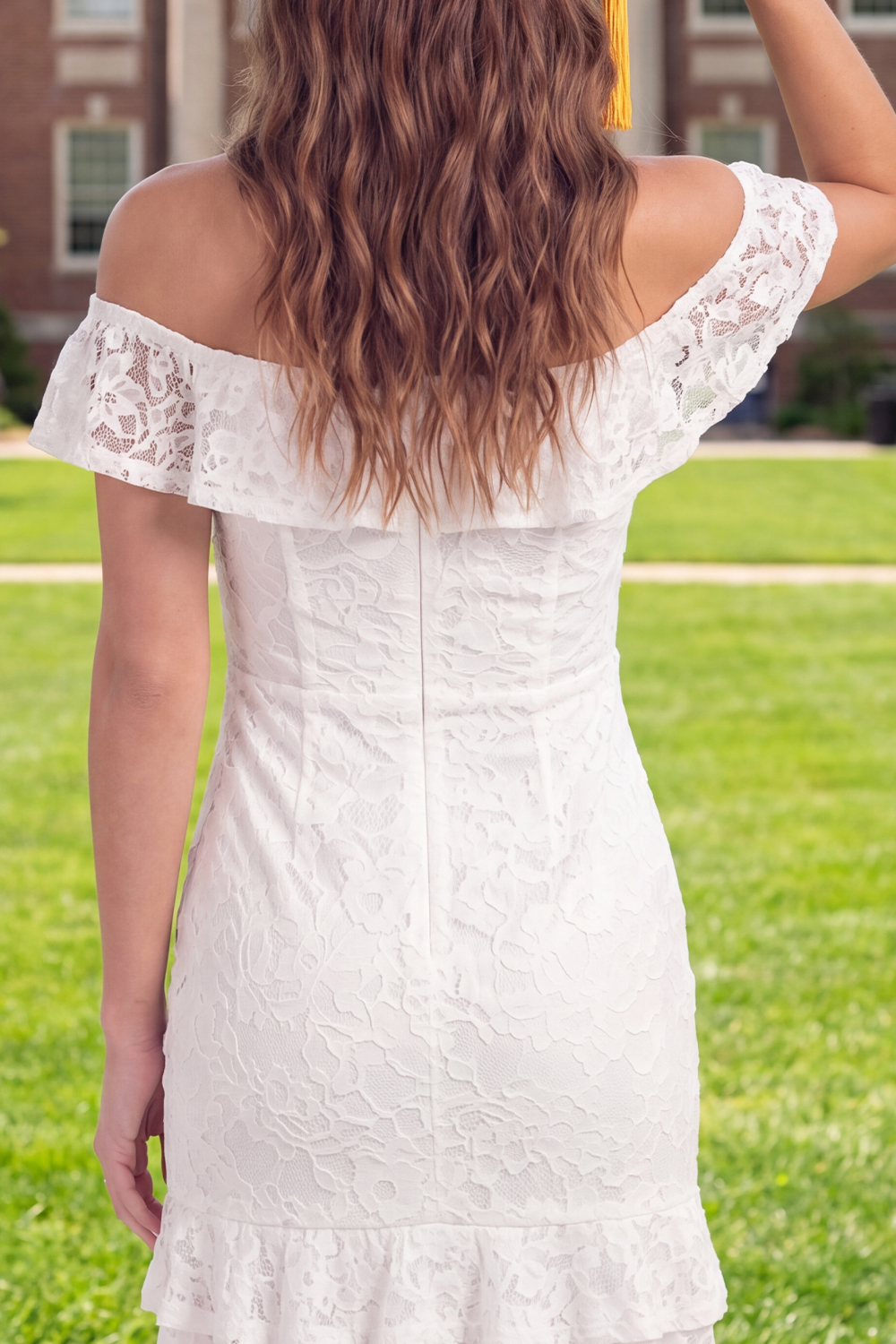 White Lace Off the Shoulder Floral Ruched Short Graduation Dress with Ruffles