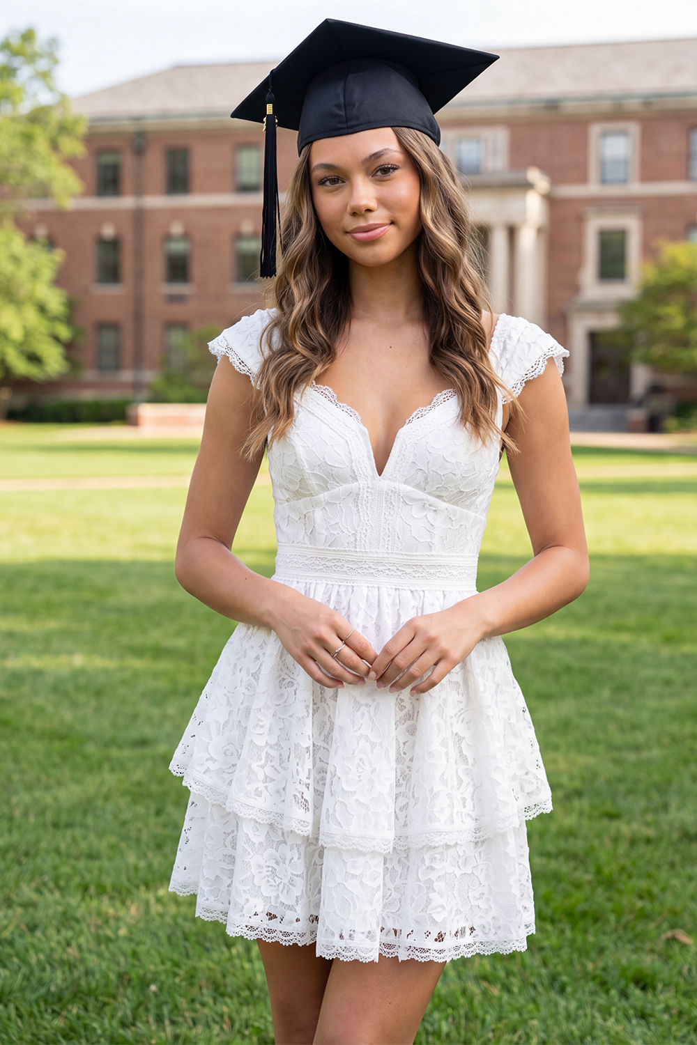 White Cap Sleeves V-Neck Lace Floral Short A Line Graduation Dress