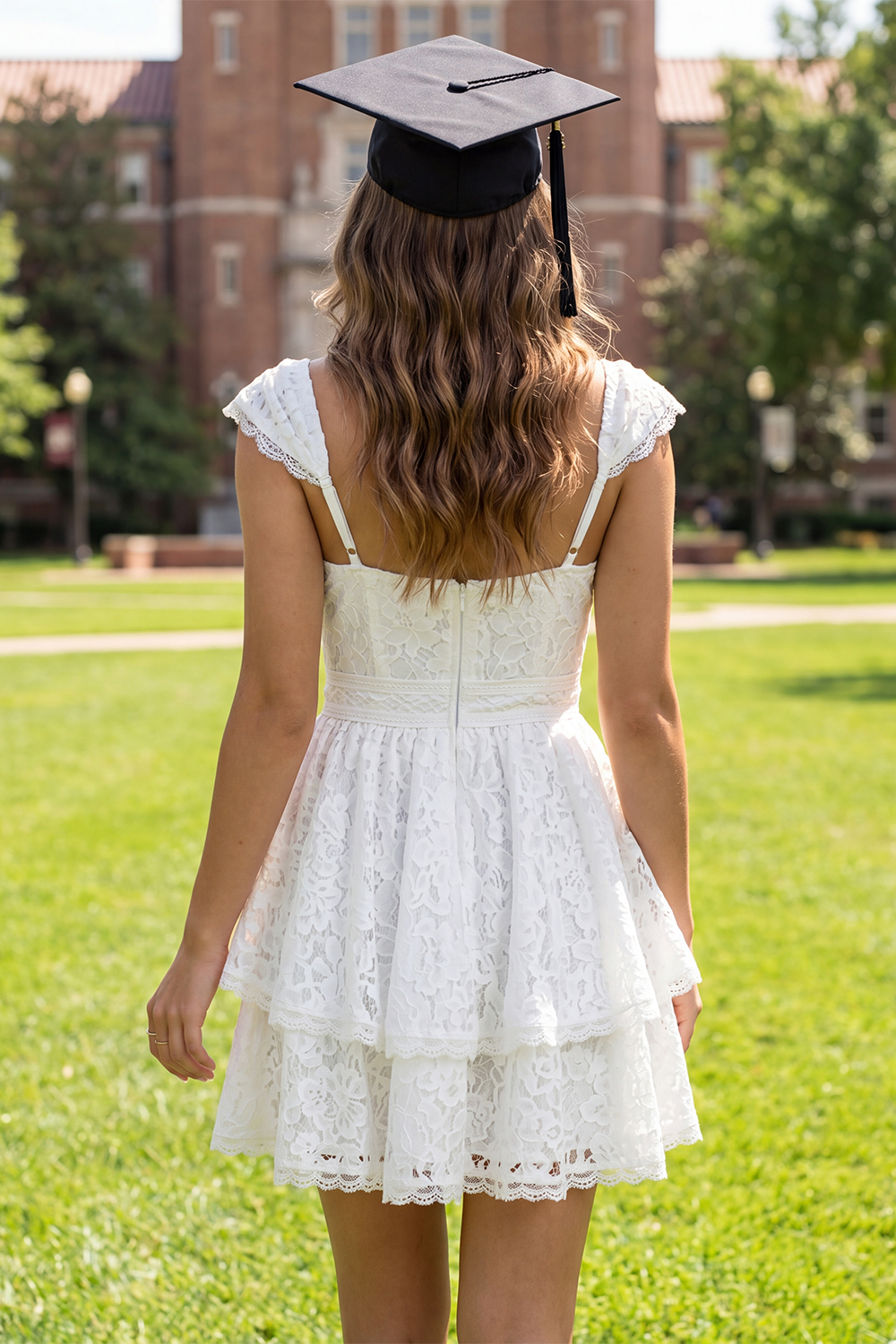 White Cap Sleeves V-Neck Lace Floral Short A Line Graduation Dress