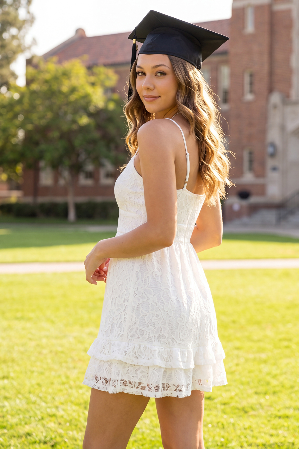 White Spaghetti Straps Lace Floral Short A Line Graduation Dress with Ruffles