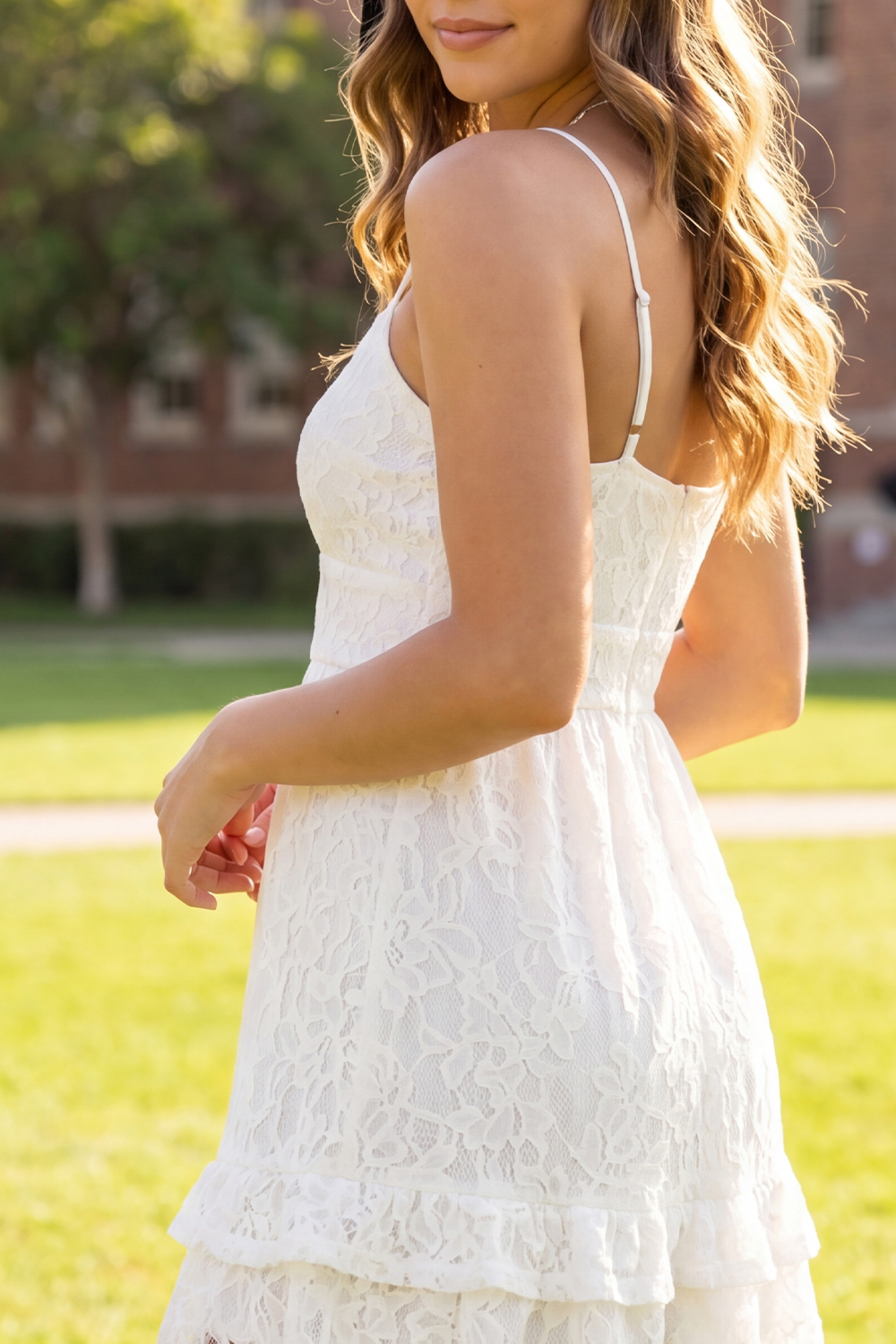 White Spaghetti Straps Lace Floral Short A Line Graduation Dress with Ruffles