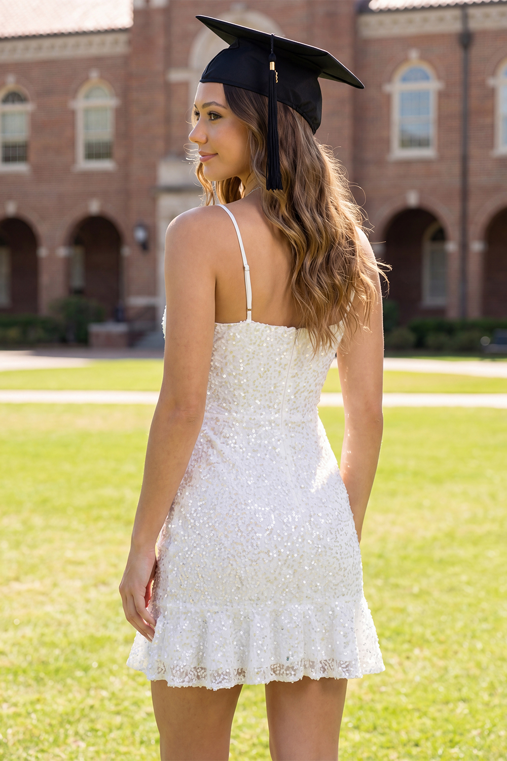 White Floral Short Spaghetti Straps Lace Graduation Dress with Ruffles