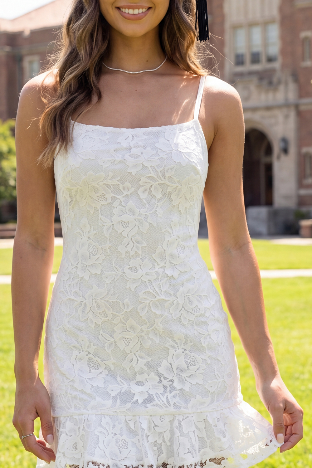 White Floral Short Spaghetti Straps Lace Graduation Dress with Ruffles