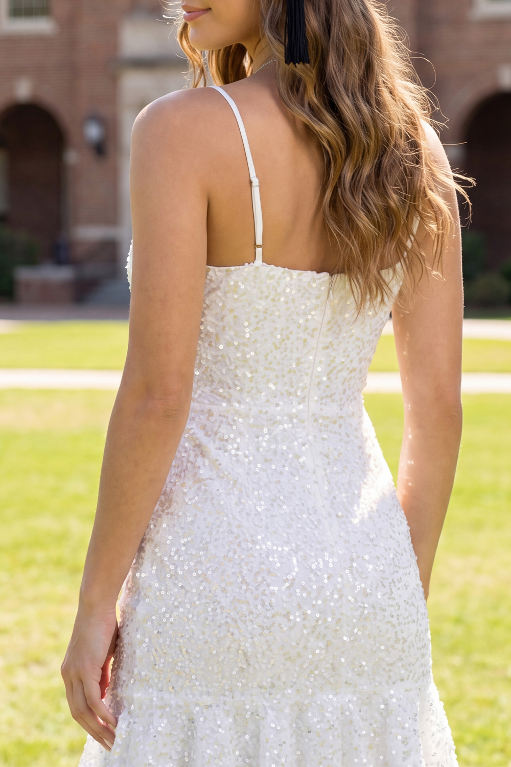 White Floral Short Spaghetti Straps Lace Graduation Dress with Ruffles