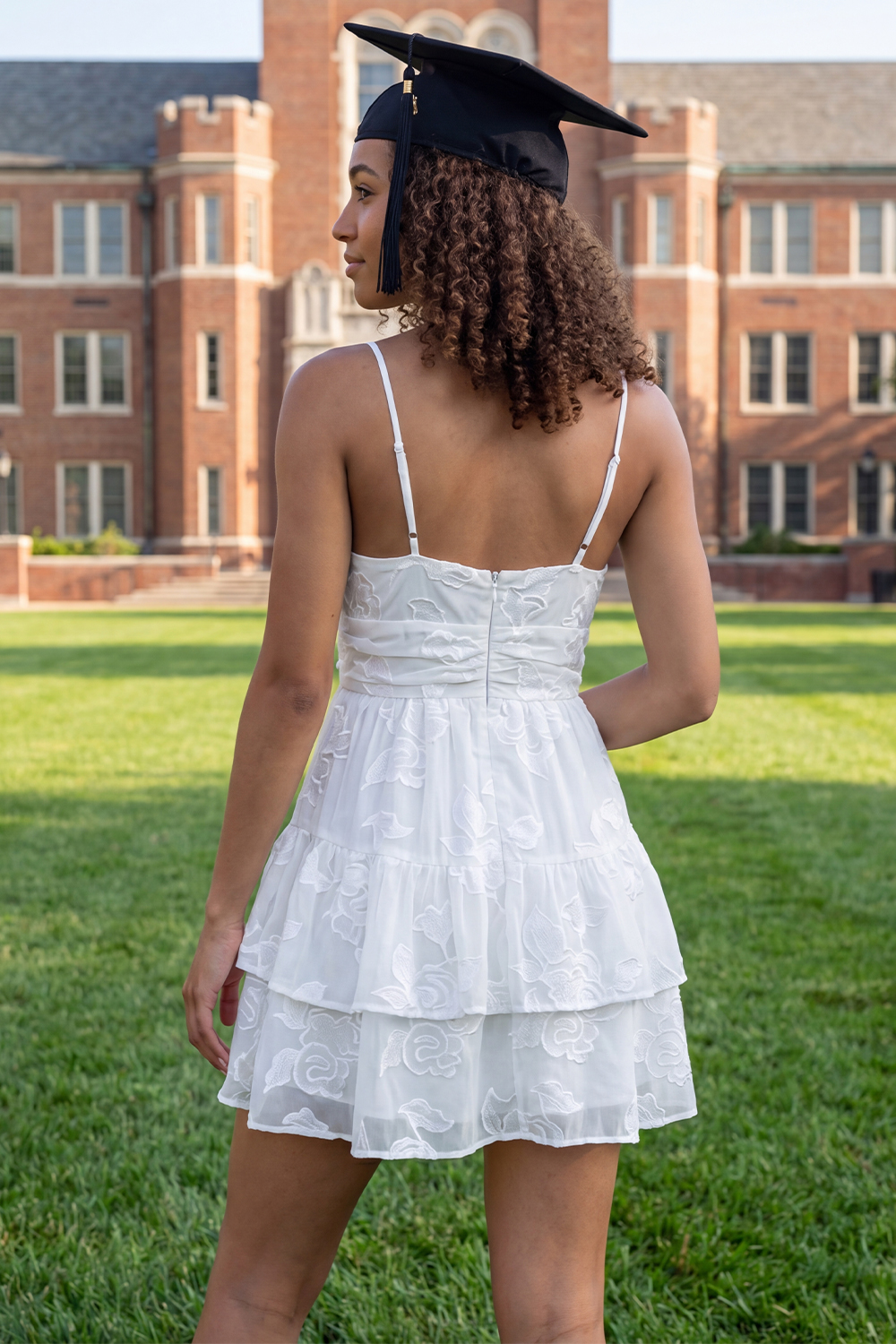 White Ruched V-Neck Lace Floral Ruffled Short A Line Graduation Dress