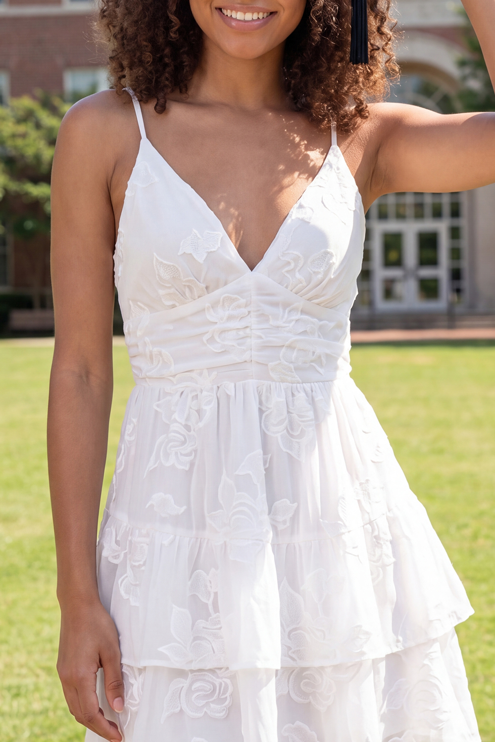 White Ruched V-Neck Lace Floral Ruffled Short A Line Graduation Dress