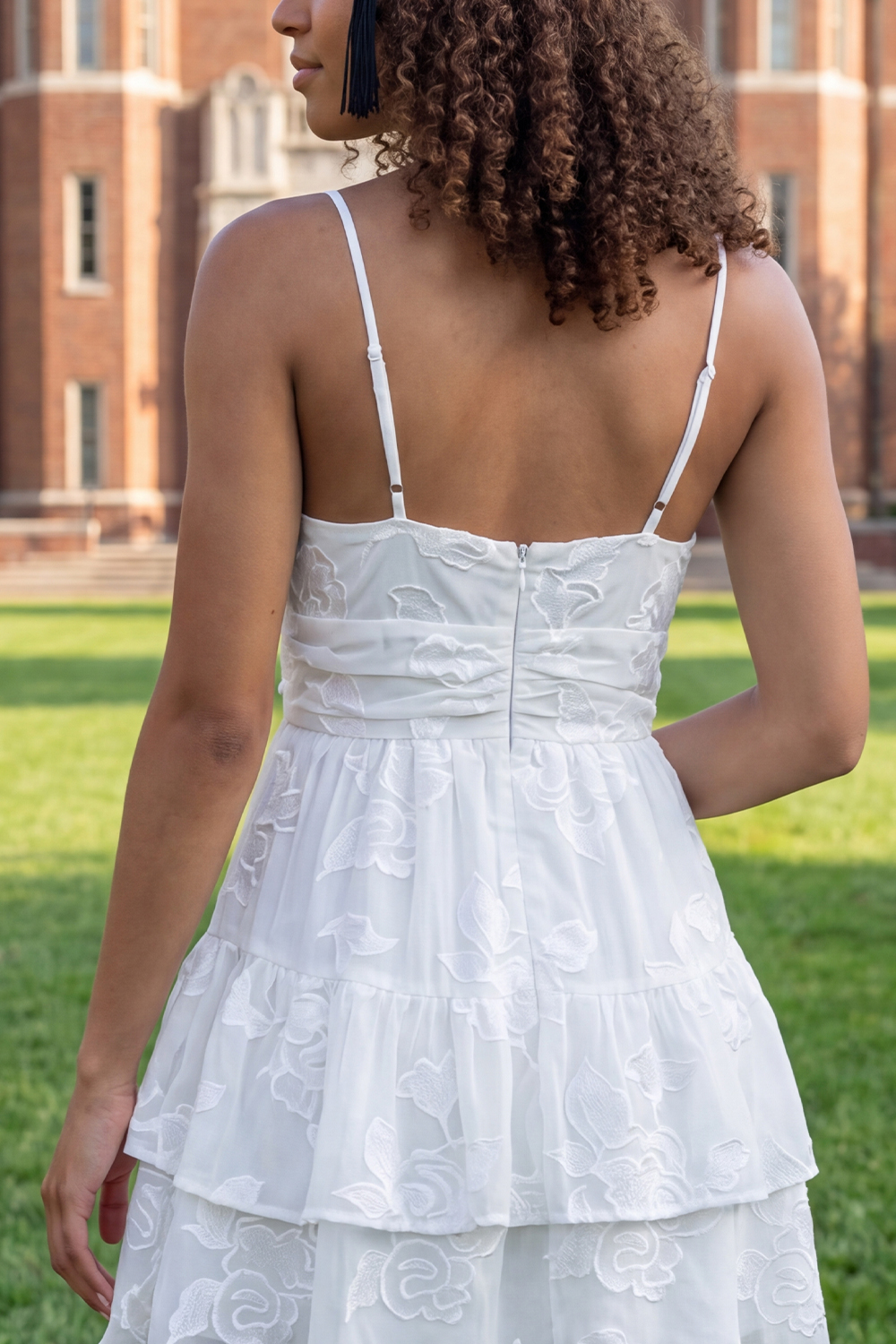 White Ruched V-Neck Lace Floral Ruffled Short A Line Graduation Dress