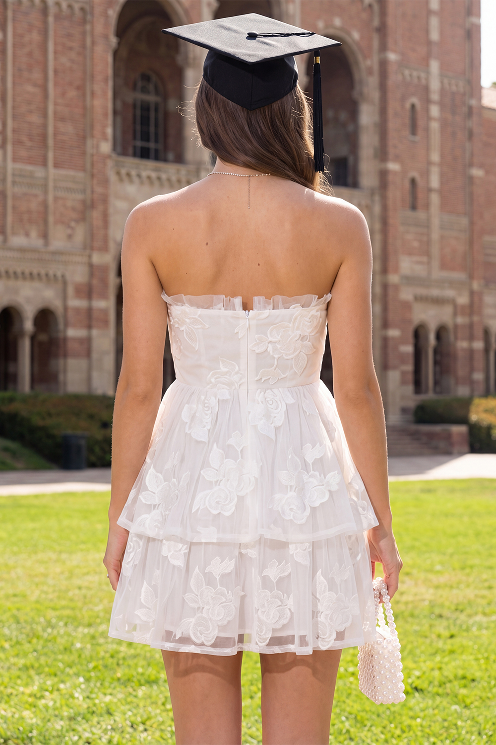 White Floral Strapless Ruched Ruffled Short A Line Graduation Dress