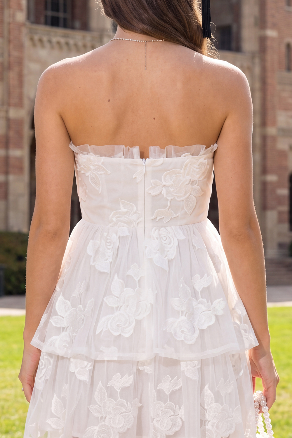 White Floral Strapless Ruched Ruffled Short A Line Graduation Dress