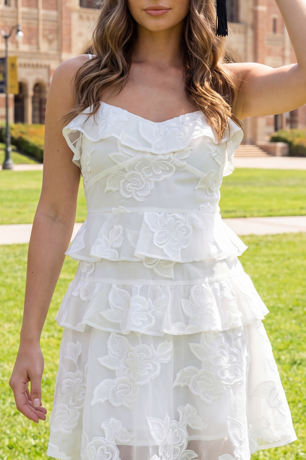 White Floral A Line Short Spaghetti Straps Graduation Dress with Ruffles