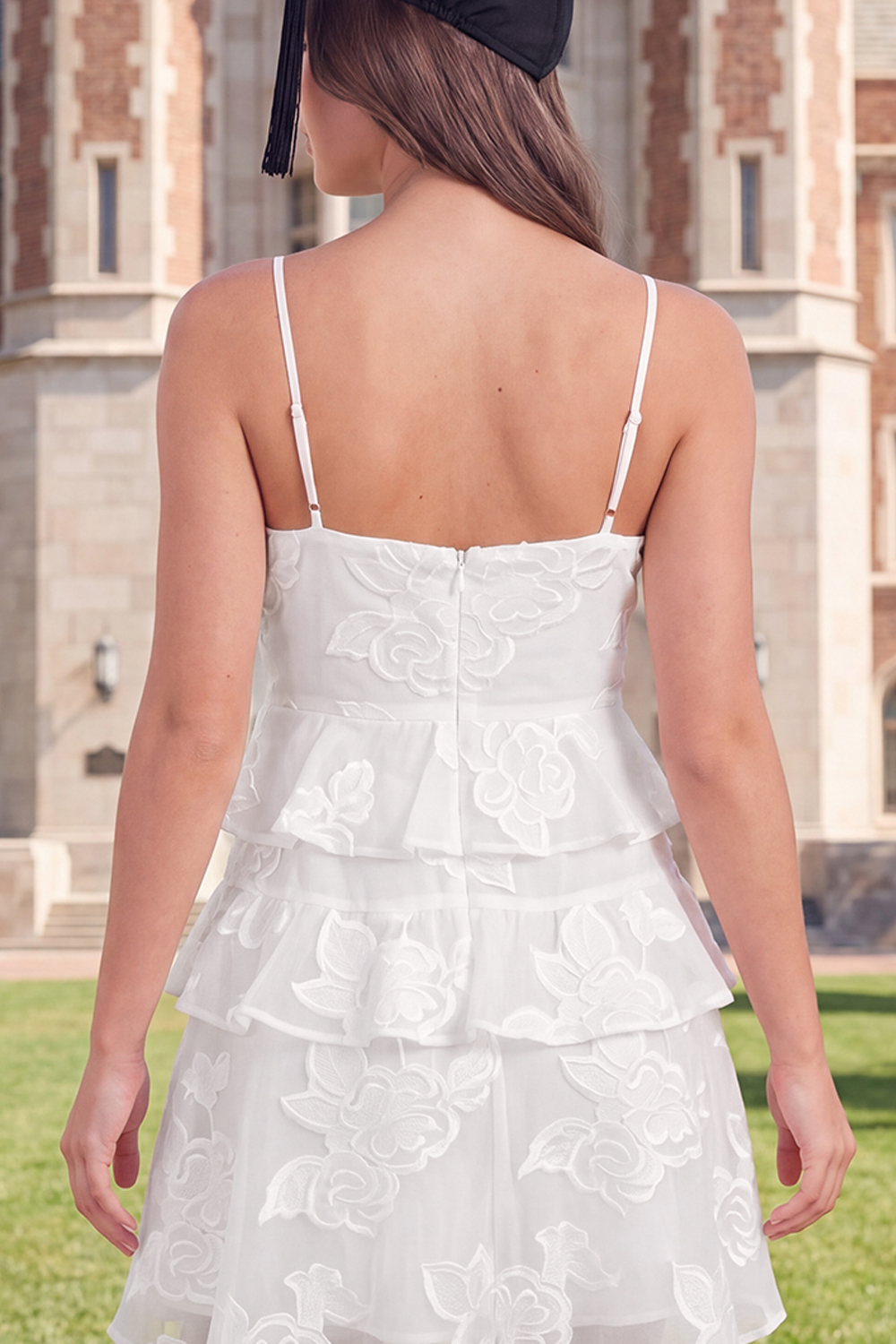 White Floral A Line Short Spaghetti Straps Graduation Dress with Ruffles